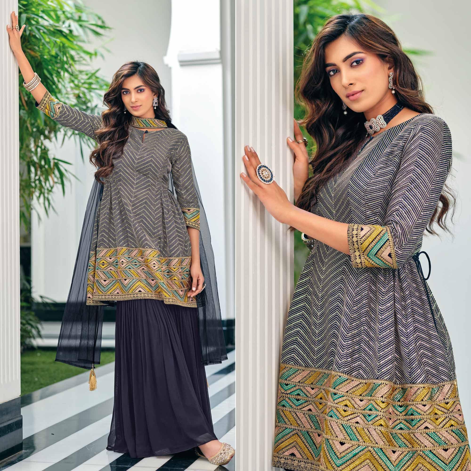 Grey suits – BlackTree grey-party-wear-embroidered-georgette-sharara-suit-139623
