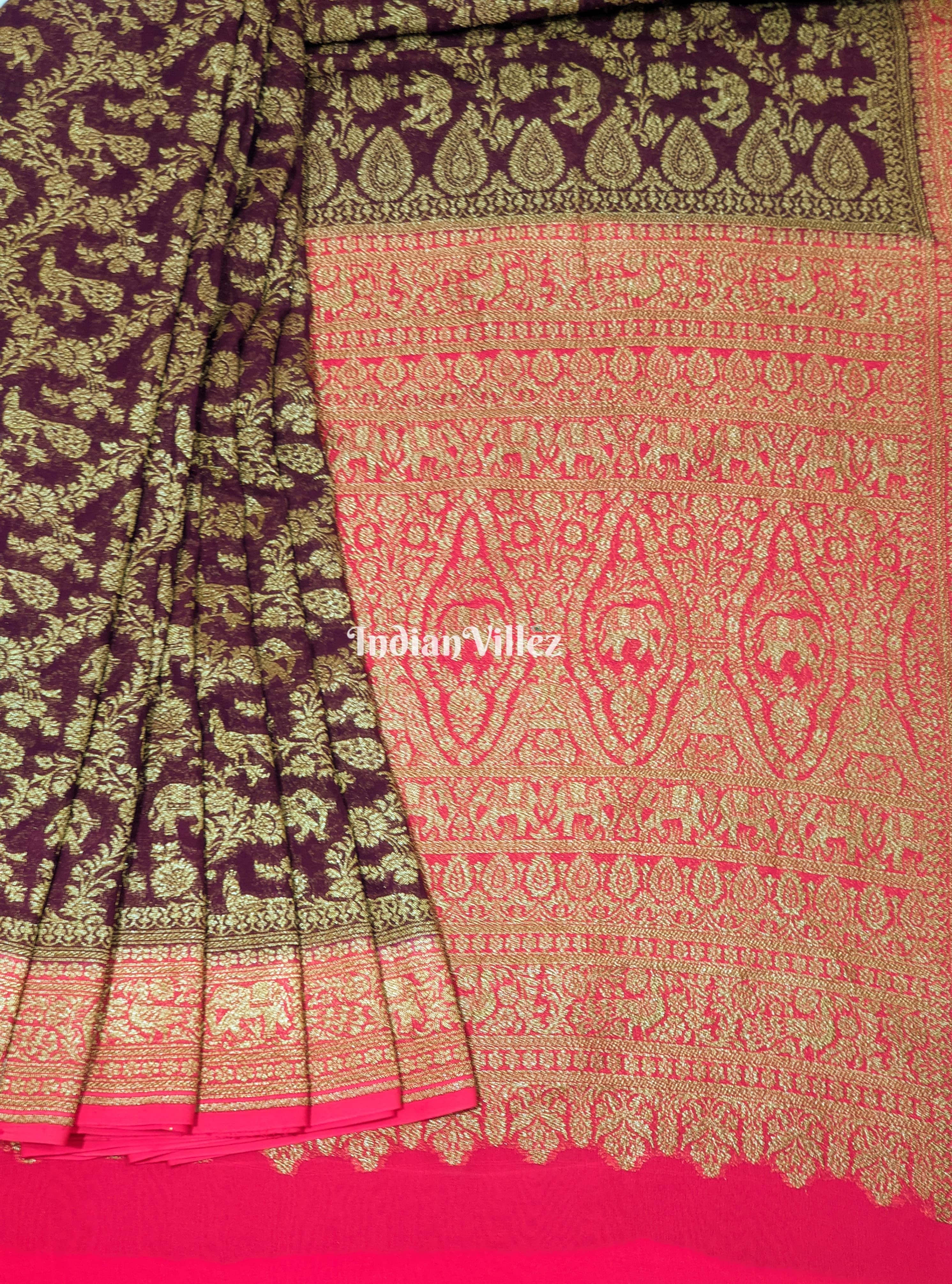 IndianVillèz Wine Banarasi Georgette Shikargah Saree