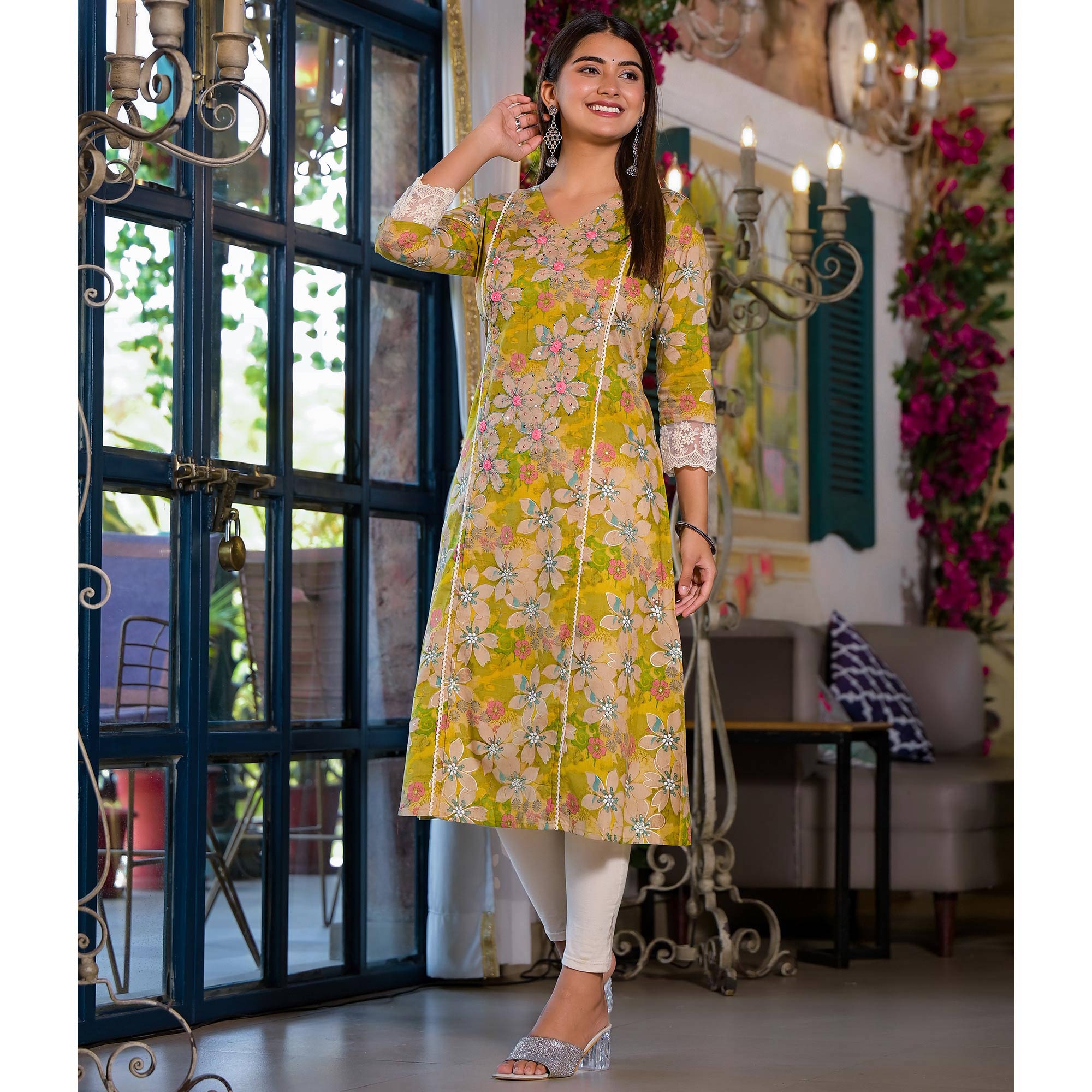 Peachmode Dark Lemon Green Floral Printed Giza Cotton Maxi Dress - view 5