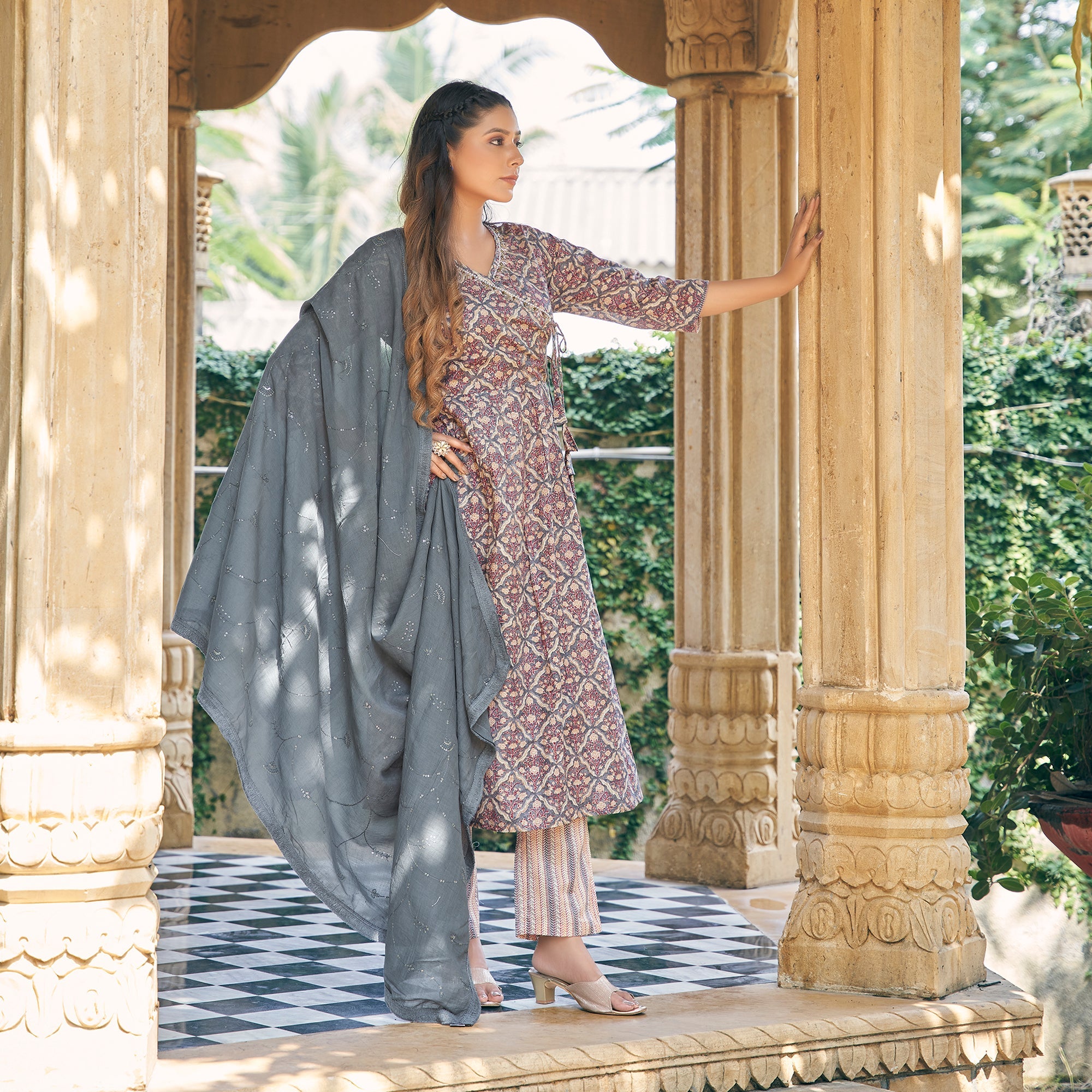 Grey suits – BlackTree grey-angrakha-pure-cotton-suit-with-foil-print-zardozi-handcrafted-neckline