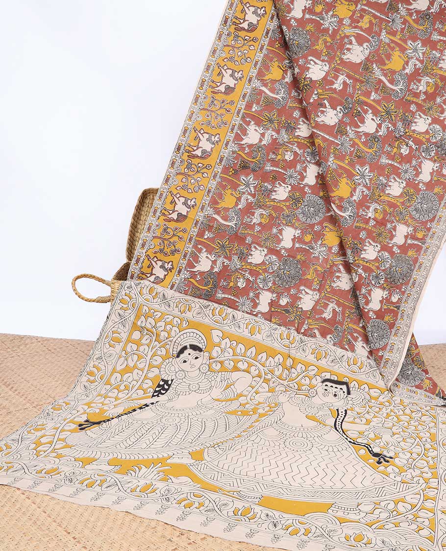 Pothys Brown village-theme machine-printed kalamkari cotton saree, contrast Pichwai cow border & human figurines pallu
