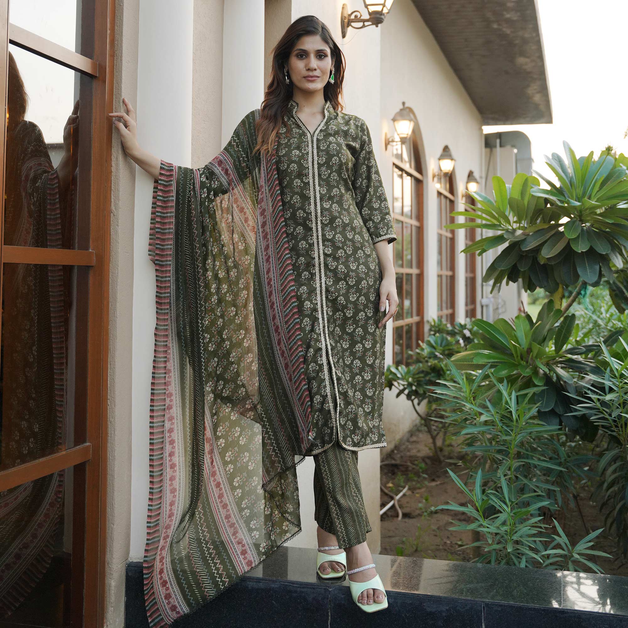 BlackTree green-floral-foil-printed-modal-suit - view 3