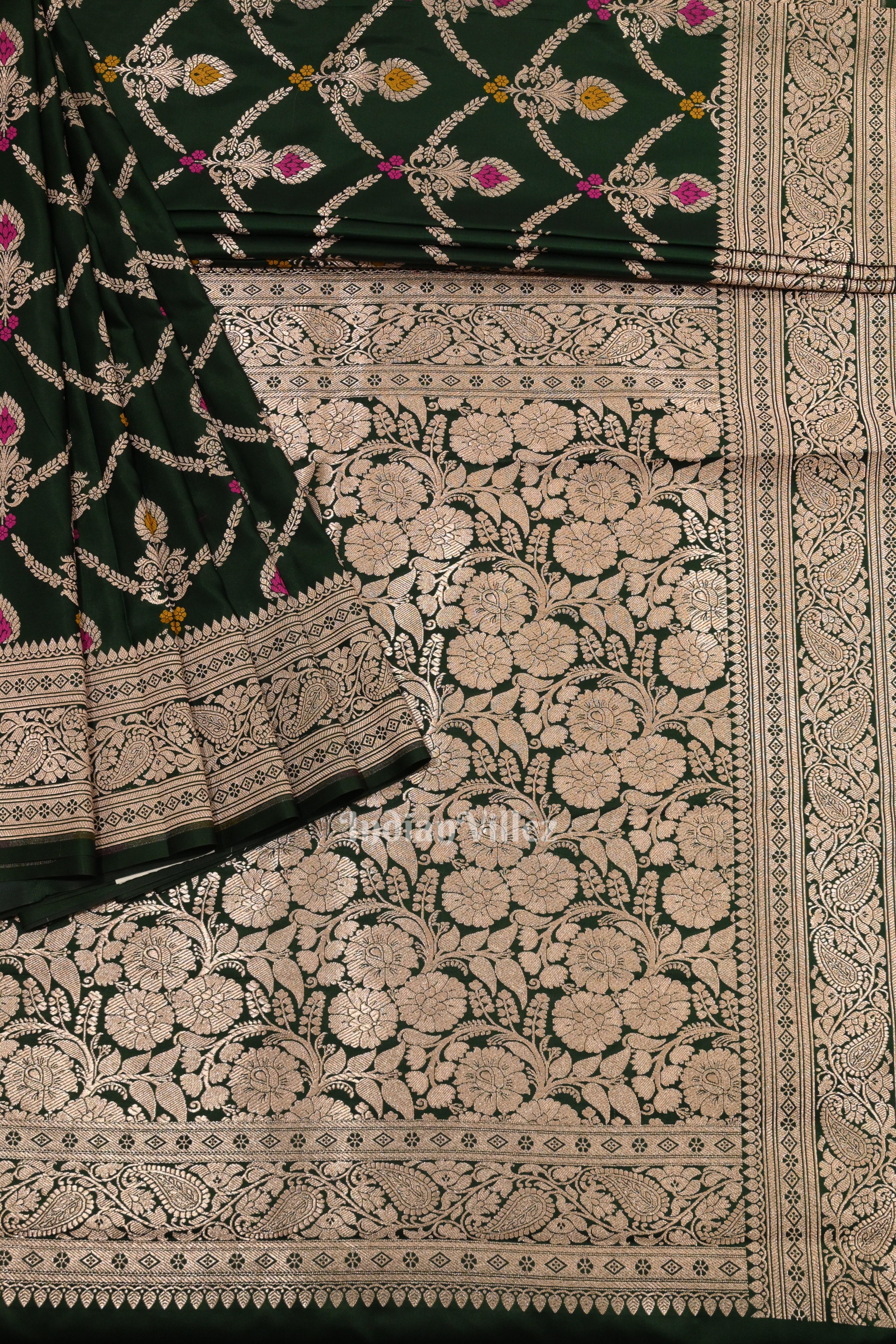 IndianVillèz Green Meenakari Pure Mashru Satin Silk Banarasi Saree