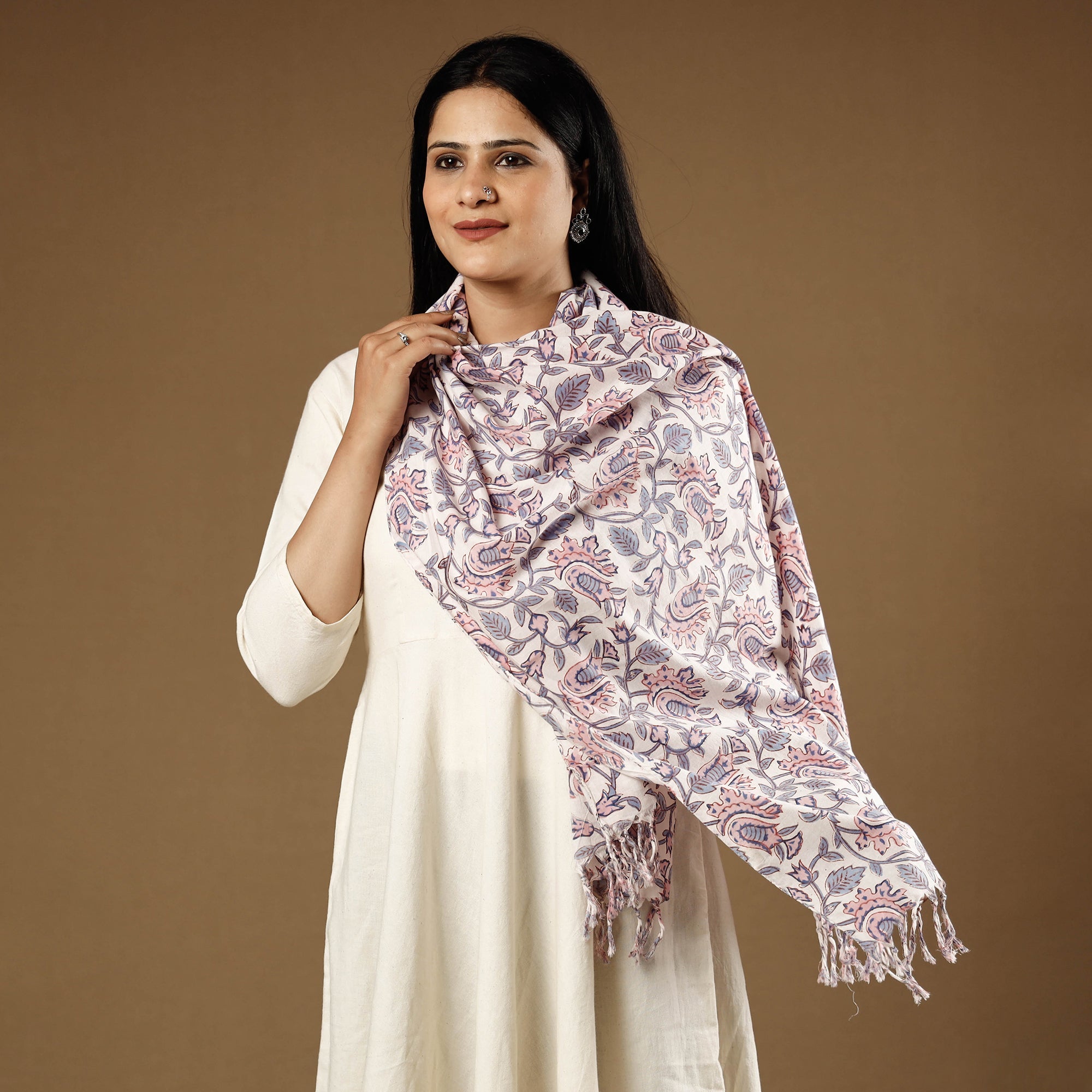 HAVELI CHRONICLES Bel Pink & White Sanganeri Block Printed Cotton Stoles With Tassels