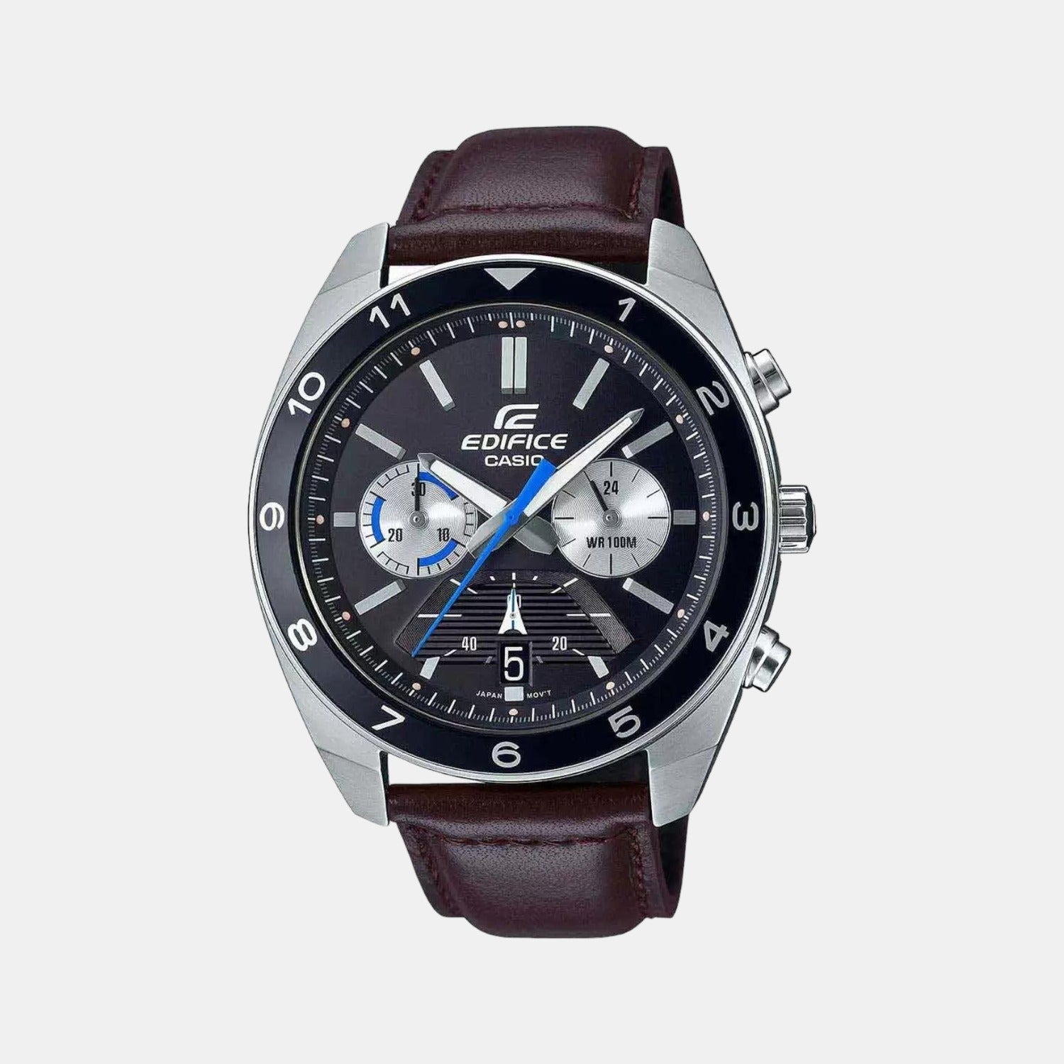 Casio Edifice Men Quartz Black Dial Chronograph Leather Watch ED486