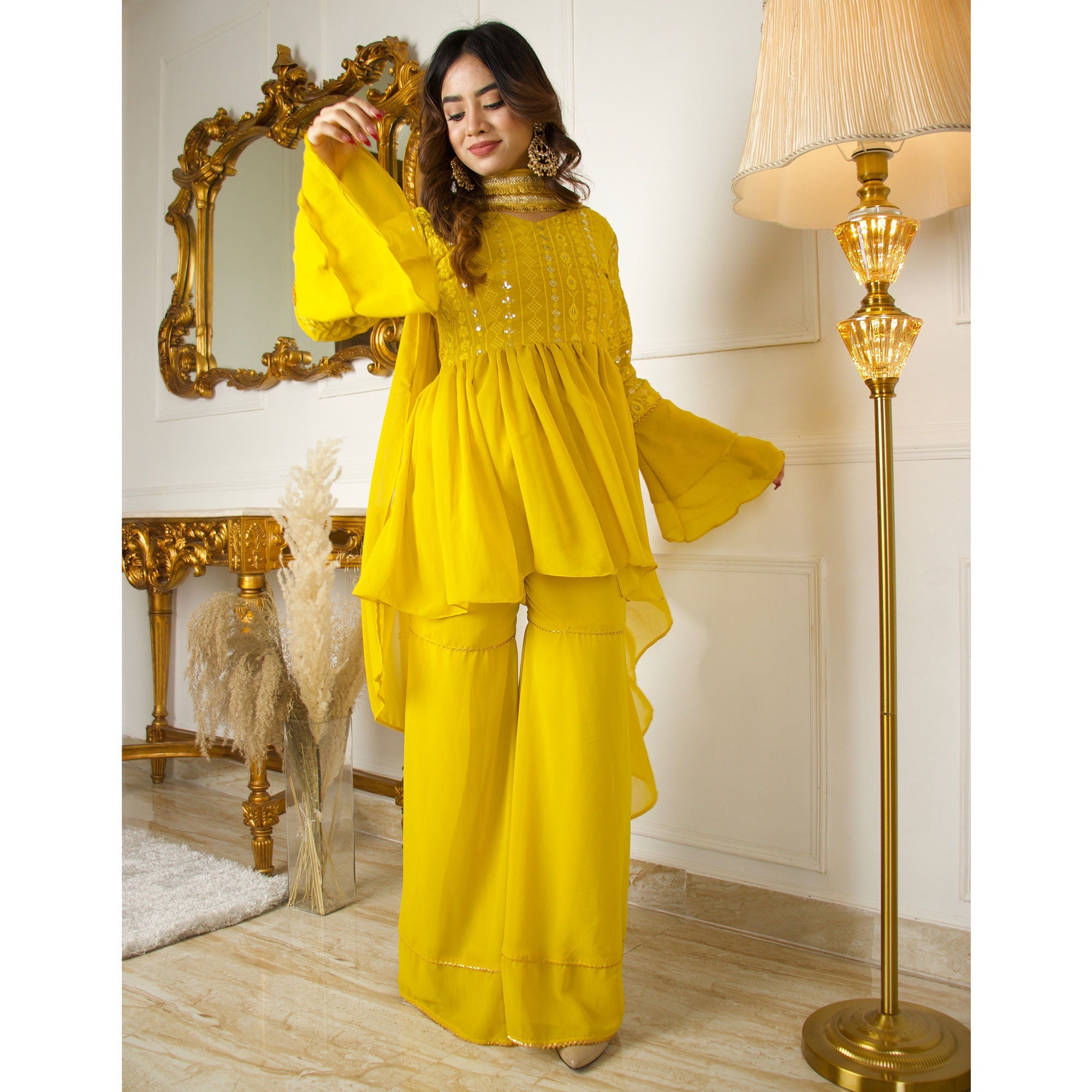 Peachmode Seller Lemon Yellow Sequins Embroidered Georgette Sharara Suit - view 5