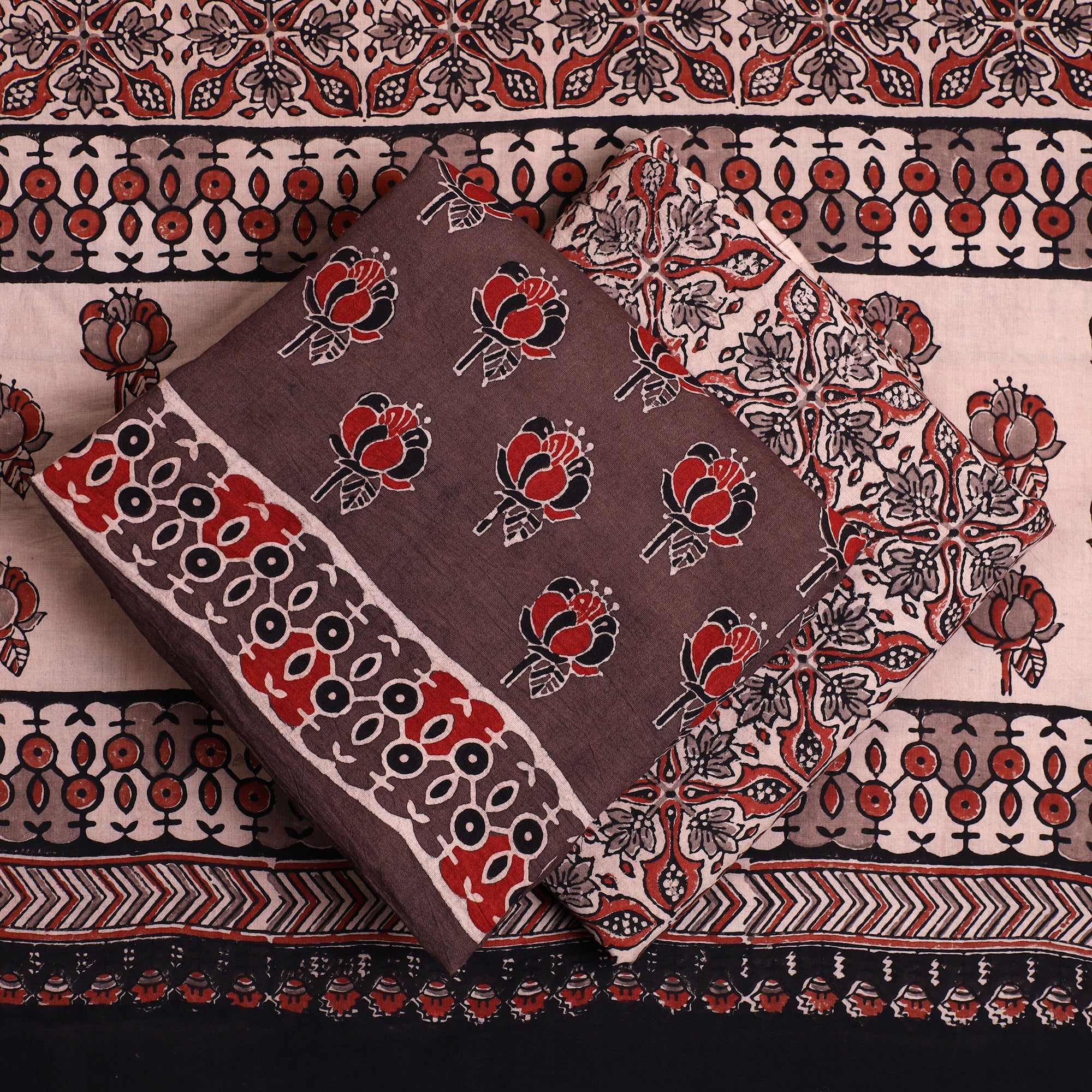 AJRAKH BY JABBAR KHATRI Brown - 3pc Ajrakh Block Printed Natural Dyed Cotton Suit Material Set 19 - view 2