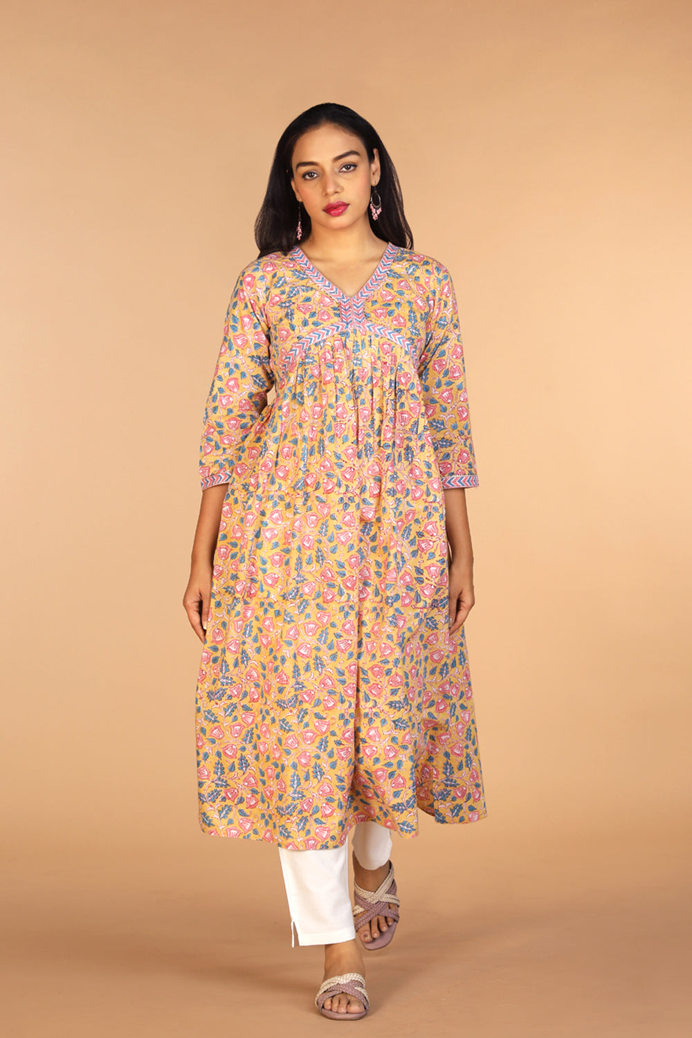 Kalanjali Ethnics Floral Sanganeri hand block printed cotton Kurta