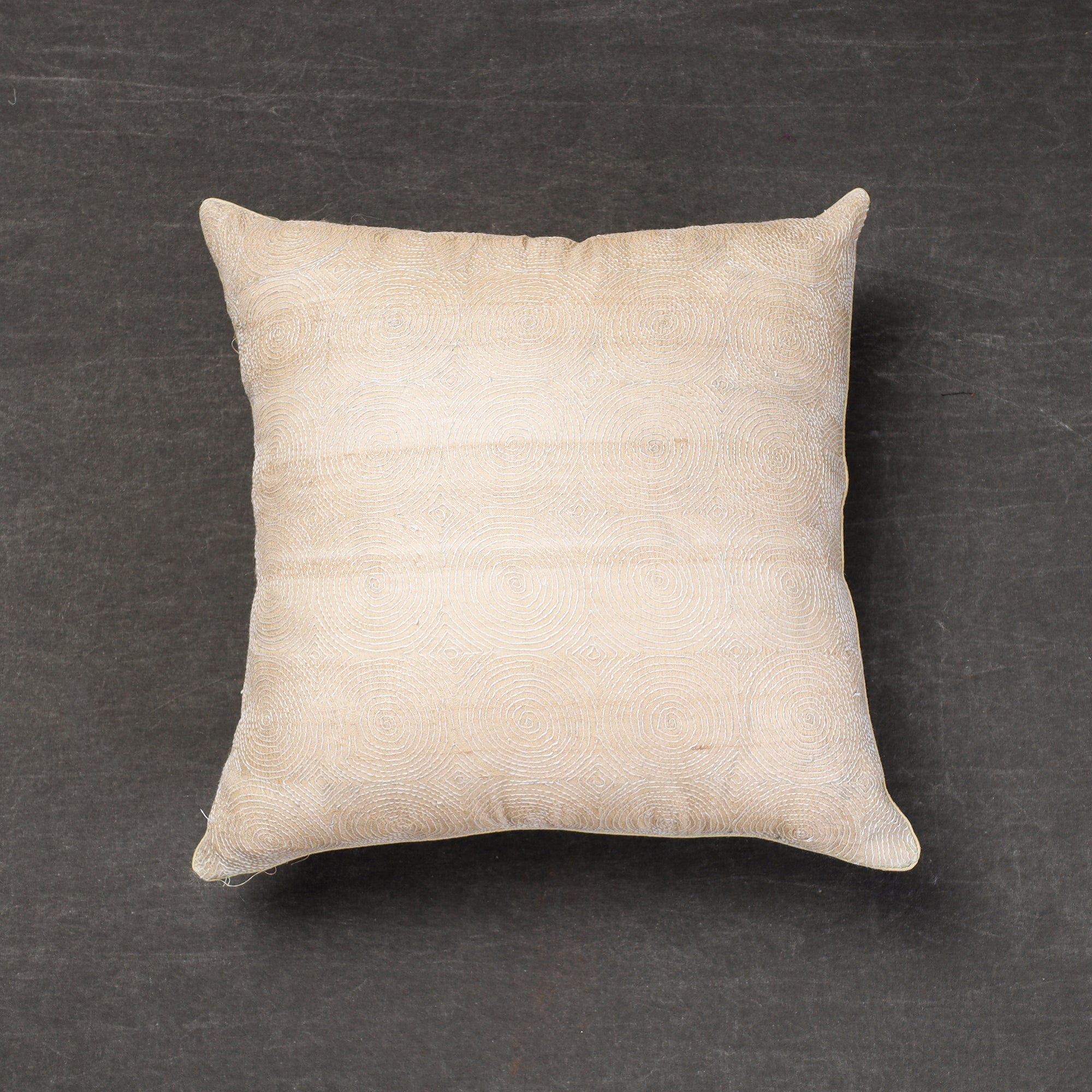 NOORI BAZAR Beige - Bengal Kantha Embroidery Tussar Silk Cushion Cover (16 x 16 in)