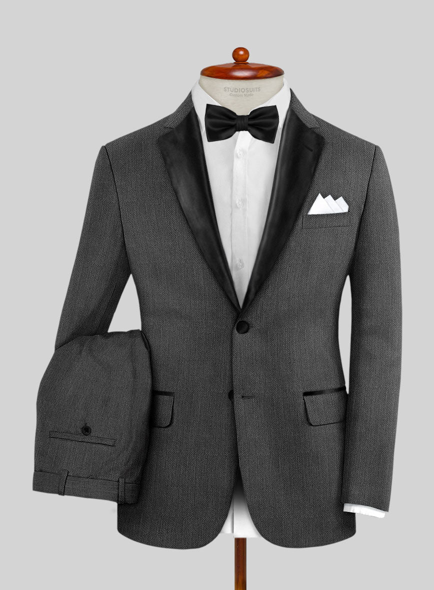 StudioSuits Napolean Imperial Gray Herringbone Wool Tuxedo Suit