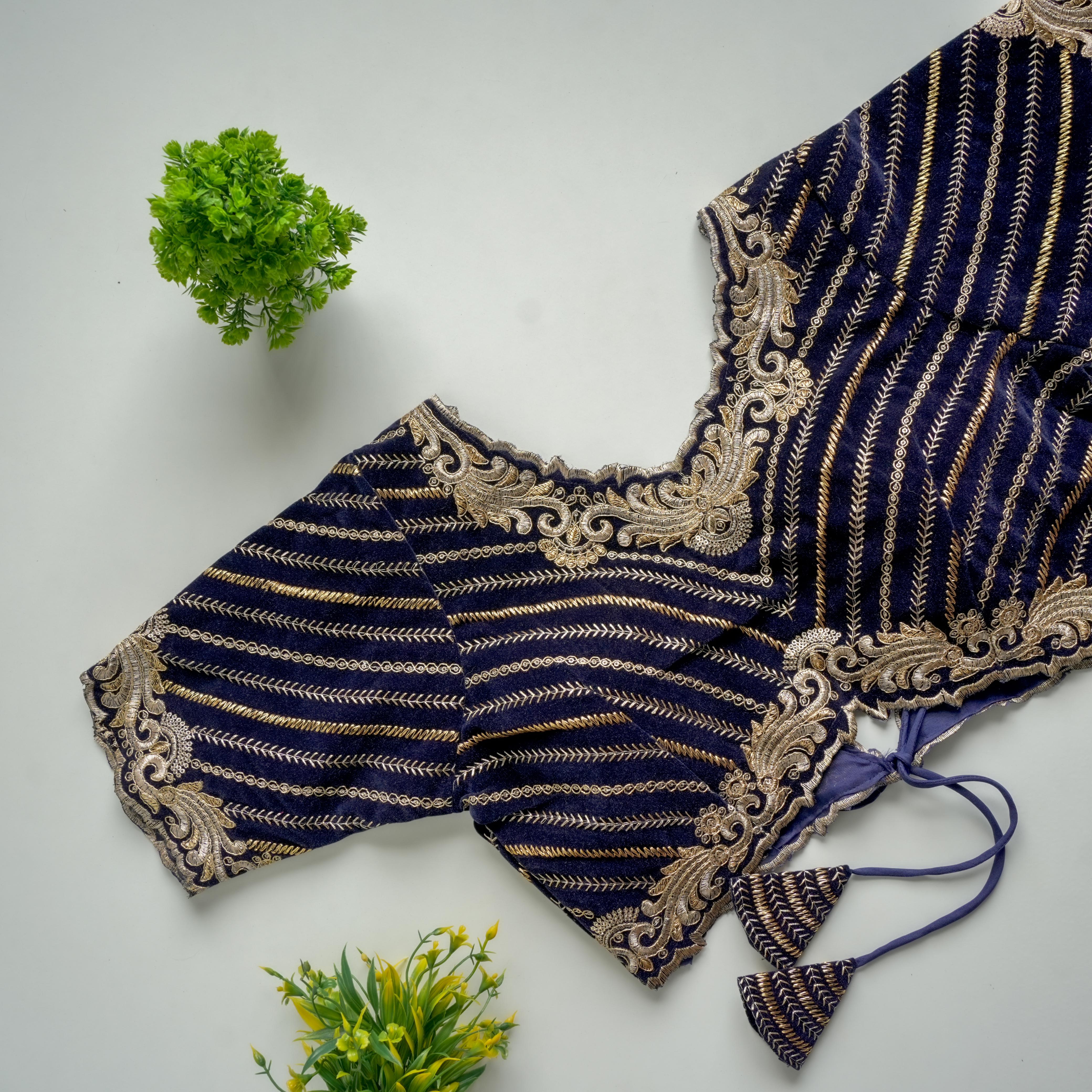 ClothsVilla Navy Blue Taffeta Silk Blouse with Golden Embroidery and Sequins