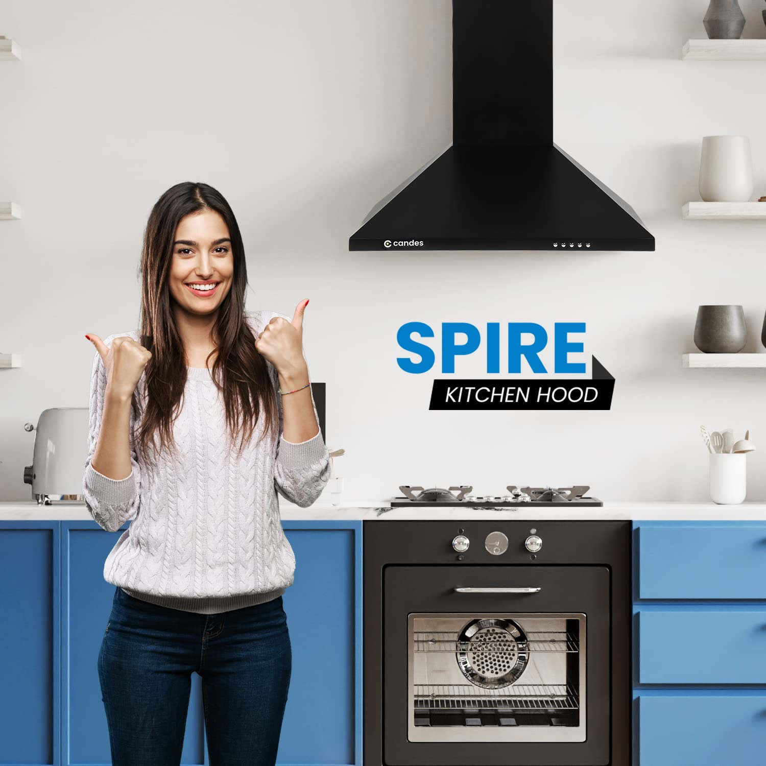 Candes Spire Kitchen Chimney 60 Cms with Powerful 800 m3/h Suction| Stainless Steel Baffle Filter | Anti-Fingerprint Black Wall Mount Range Hood | 3 L - view 2
