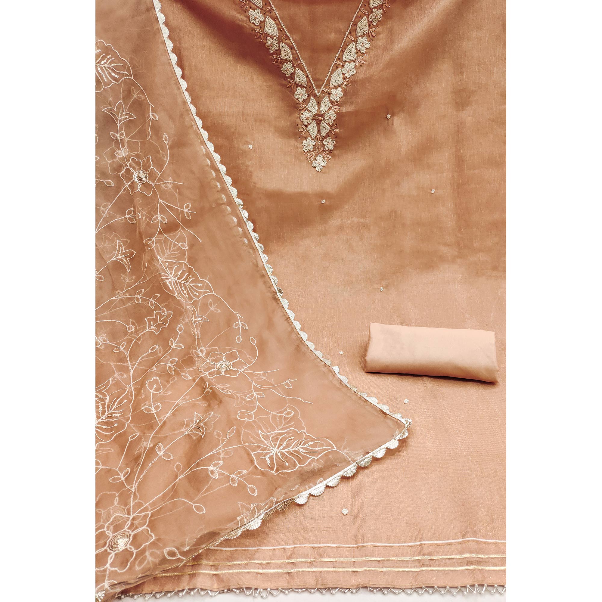 Peachmode Dusty Peach Embroidered Moti Work Pure Cotton Dress Material - view 3