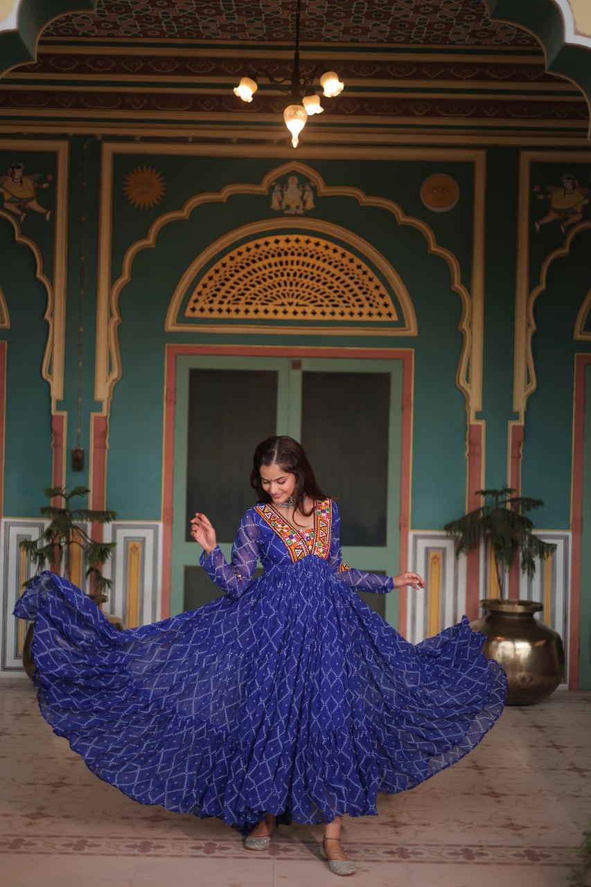 ClothsVilla Blue Bandhani Print Faux Georgette Gown with Kutchi Patchwork