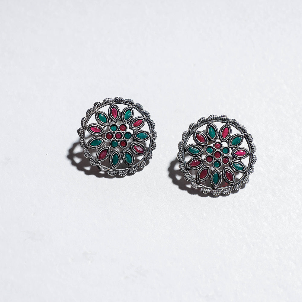 WHITE RIVER STORIES Antique Finish Oxidised German Silver Stud Earrings - view 2