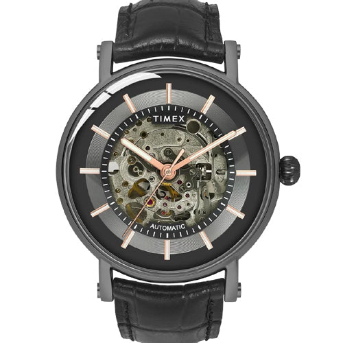 Timex E Class Men Automatic Black Round Stainless Steel Dial Watch 44mm TWEG16720