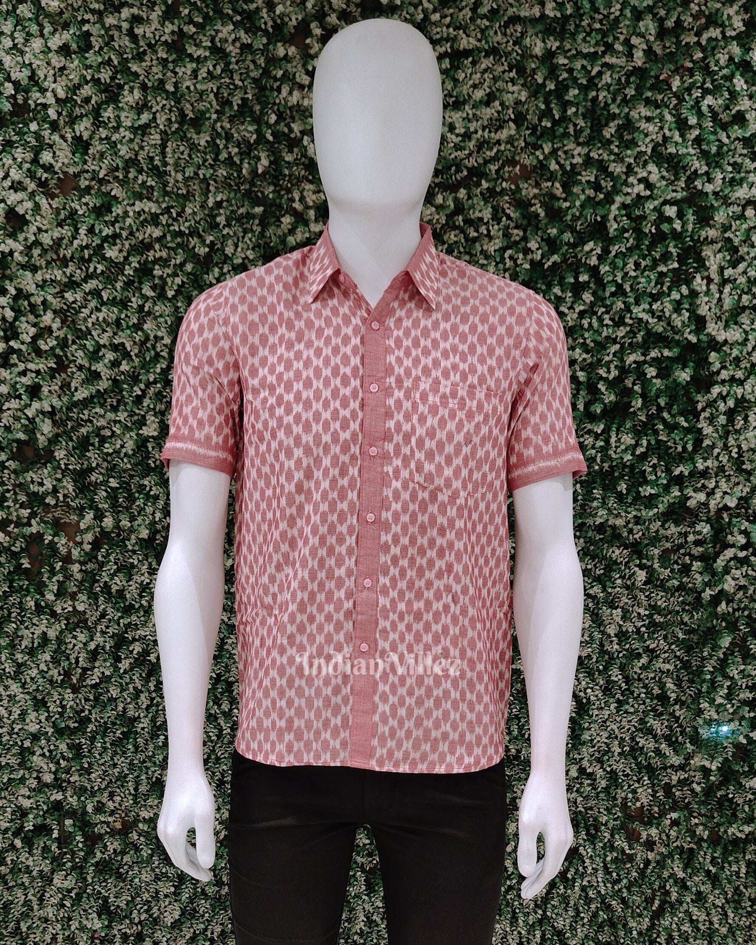 IndianVillèz Peach Pink Odisha Ikat Cotton Half Sleeve Shirt for Men