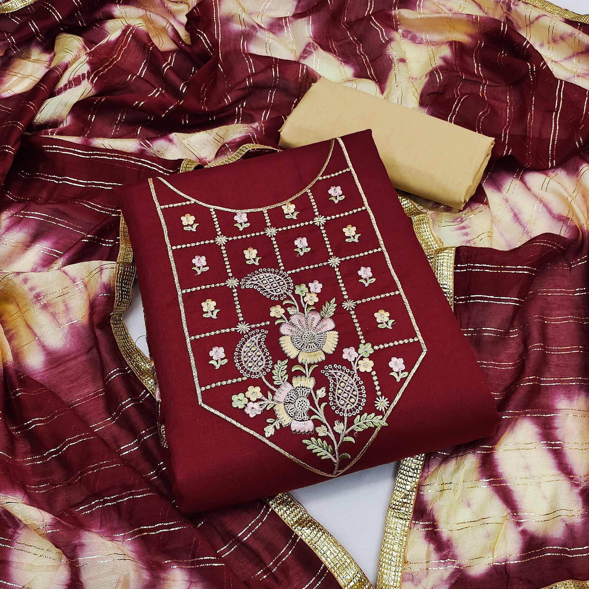 Peachmode Maroon Embroidered Cotton Dress Material