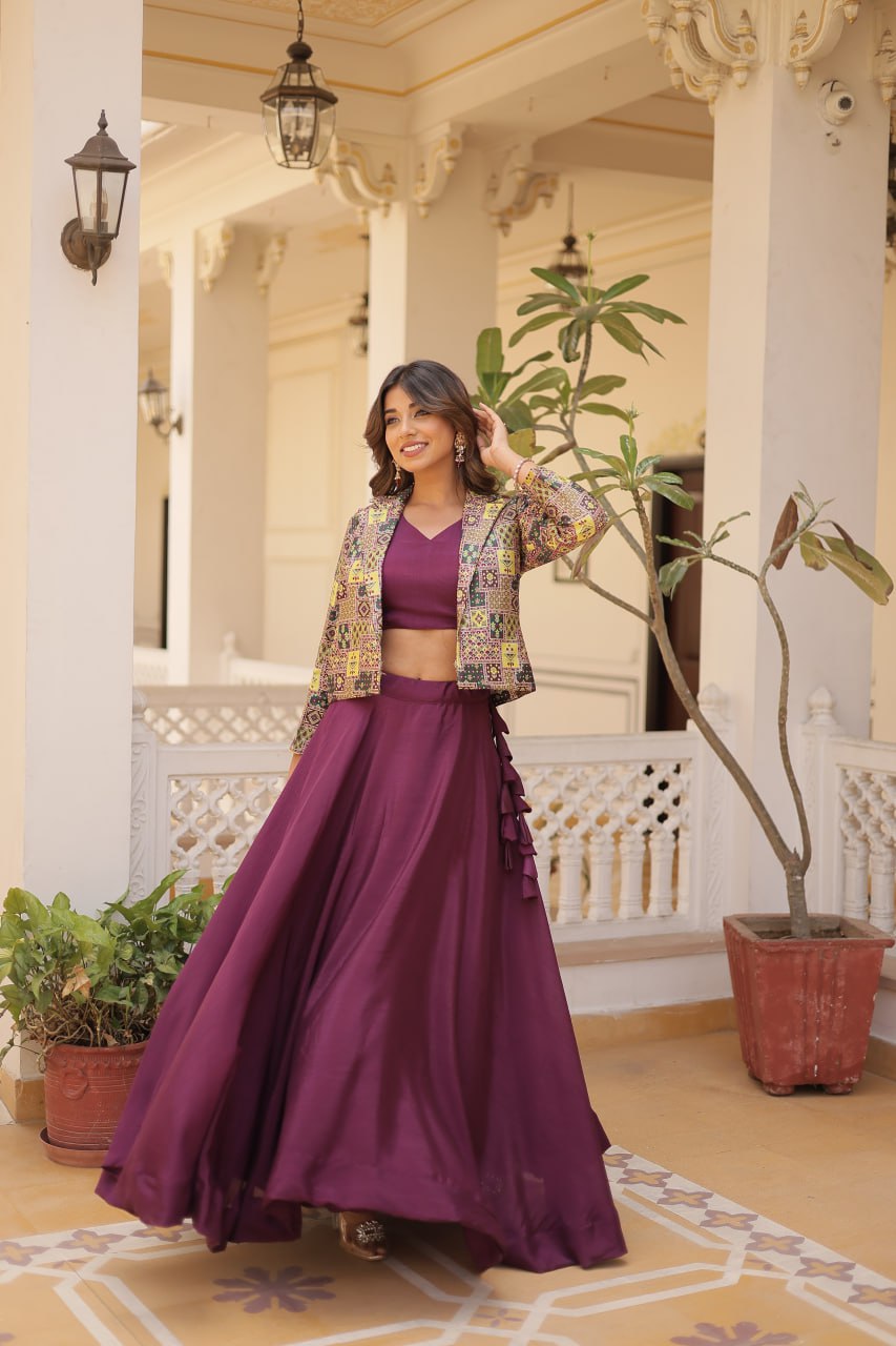 Clothsvilla Purple Chinnon Lehenga Set with Sleeveless Blouse and Jacquard Koti