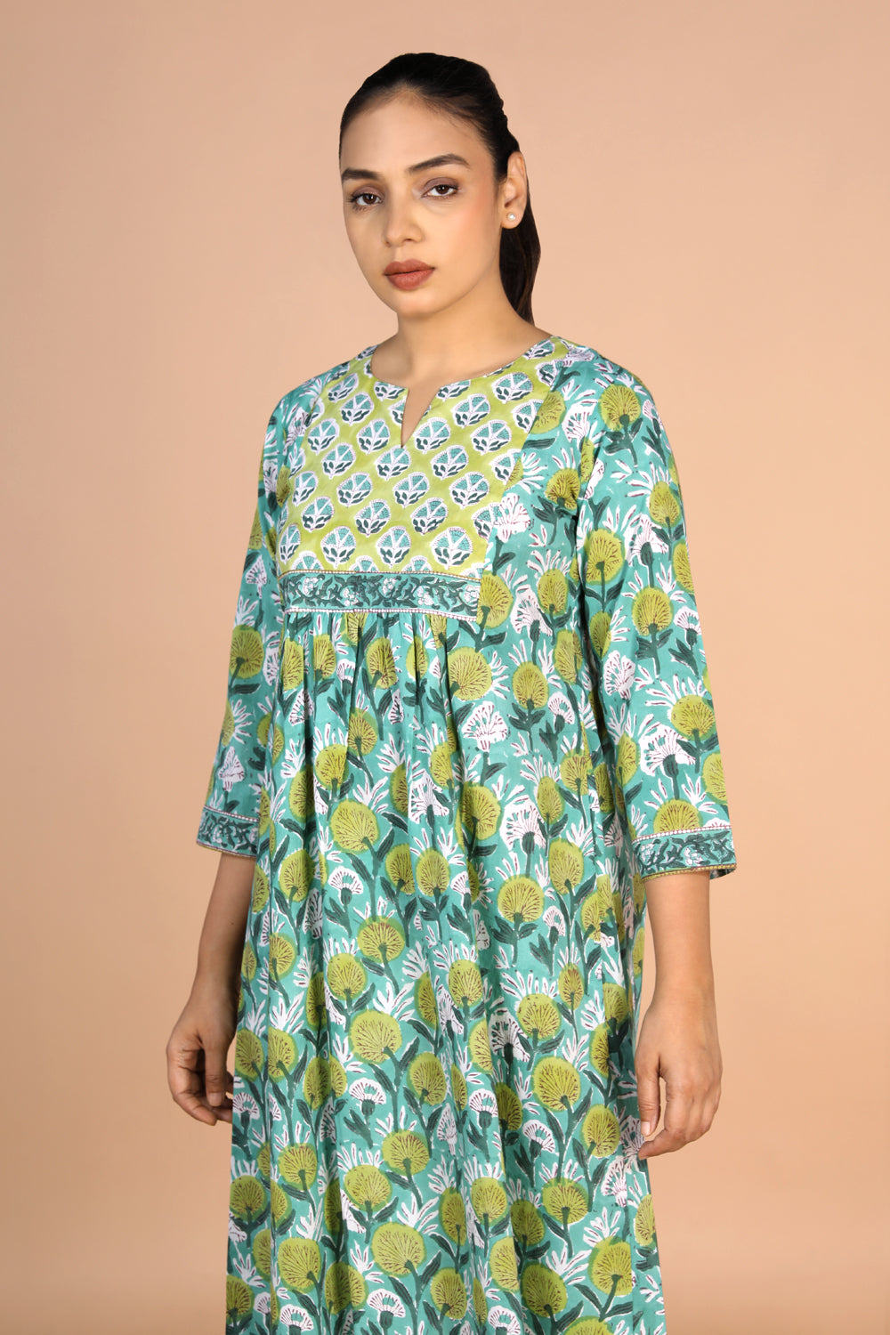 Kalanjali Ethnics Floral Aqua blue Sanganeri handblock printed cotton Kurti - view 4