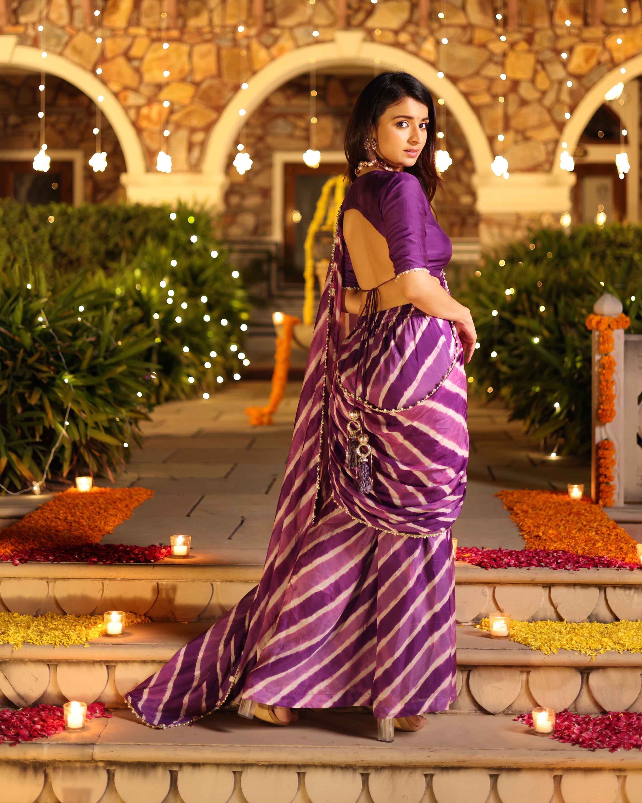 Aachho Kimaya Purple Leheriya Silk Pre Draped Saree - view 4