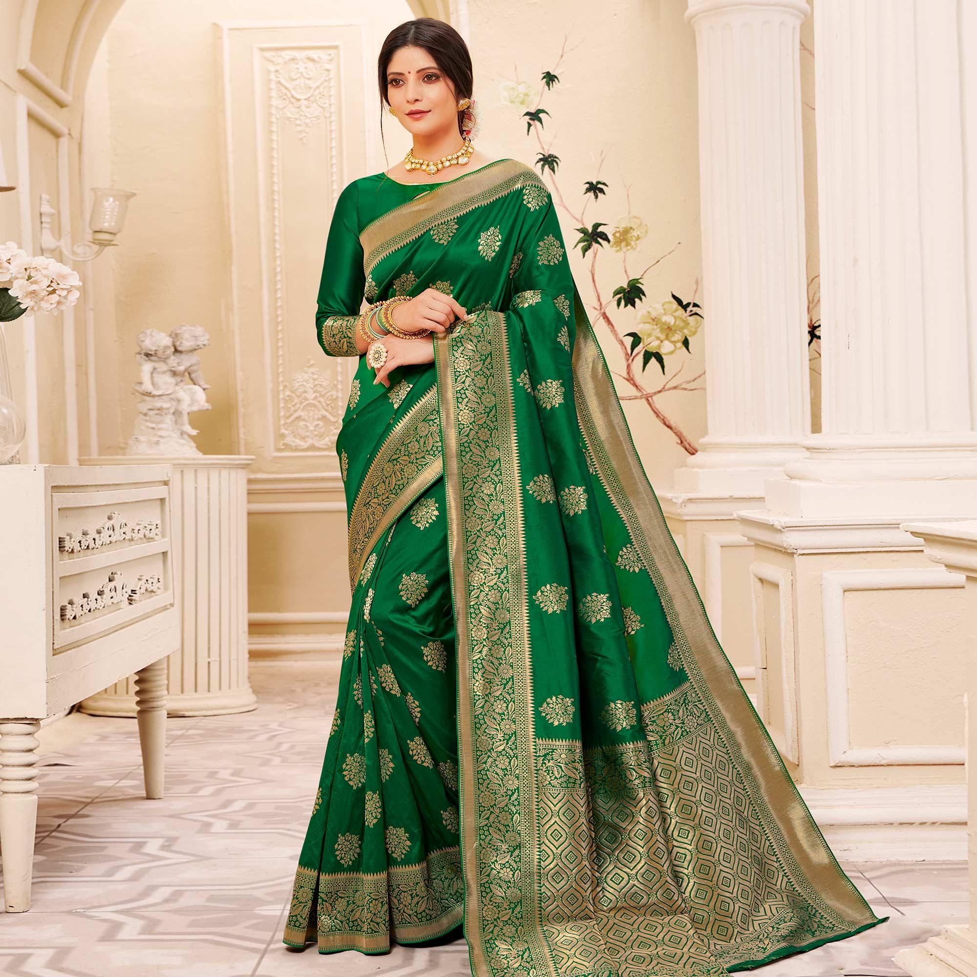 Peachmode Magnetic Green Colored Festive Wear Woven Banarasi Silk Saree