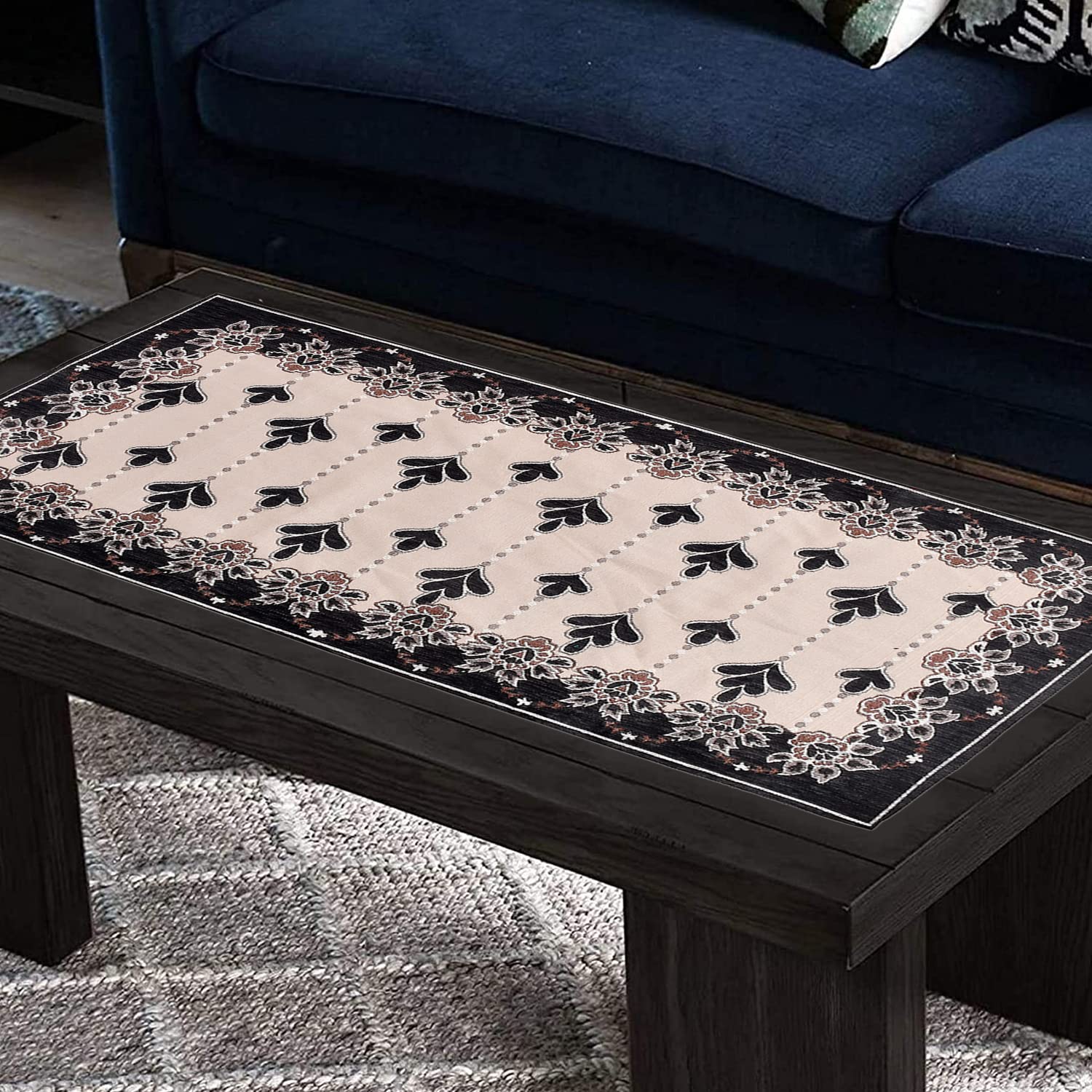 Heart Home Multiuses Floral Print Rectangular Cotton Table Runner for Dining and Center Table (Black)-50HH01277 - view 4