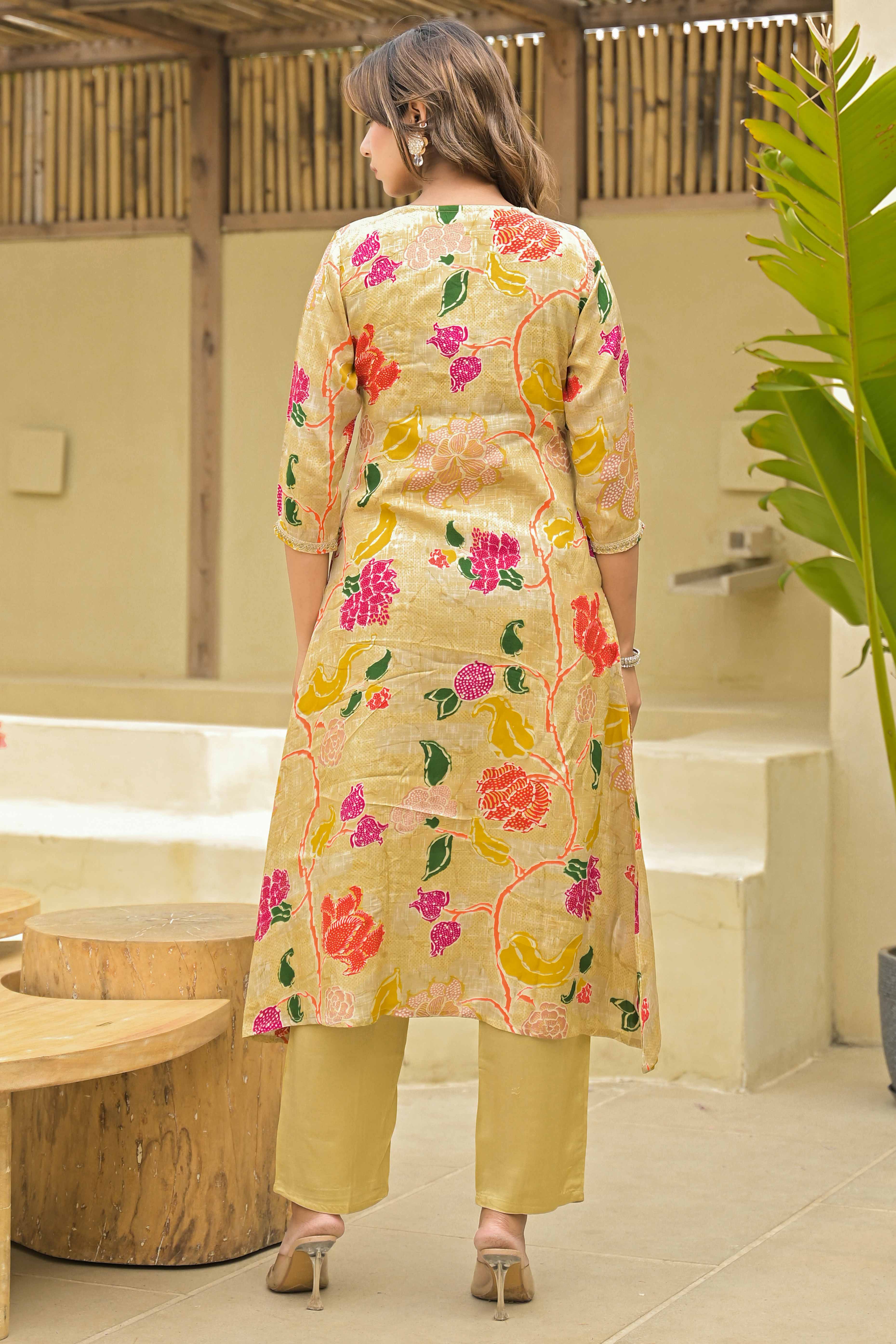 Peachmode Chikoo Floral Printed Muslin Anarkali Style Salwar Suit With Hand Work - view 8