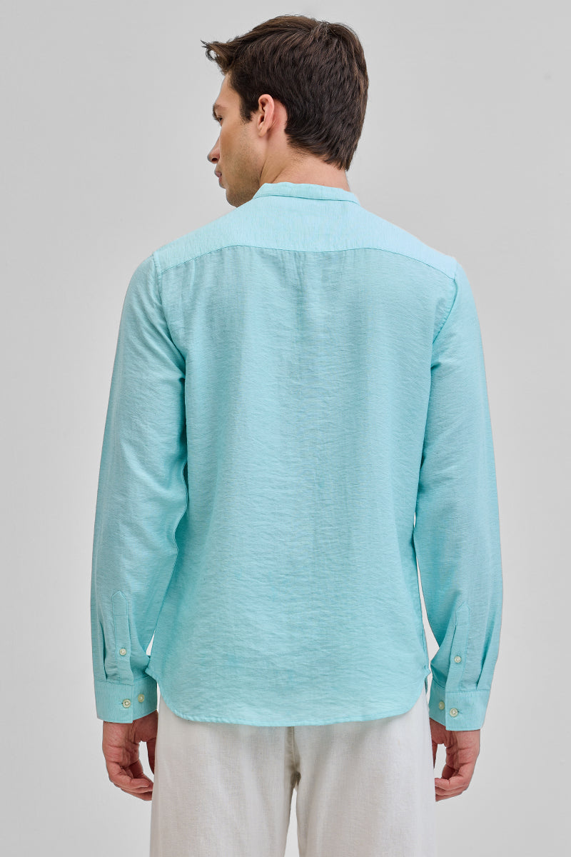 SNITCH Light Blue Mandarin Linen Blend Shirt - view 7