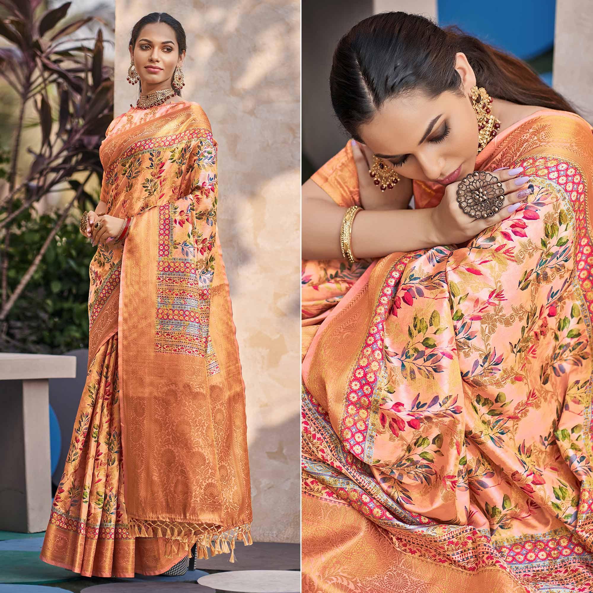 Peachmode Light Orange Floral Digital Printed Pure Silk Saree