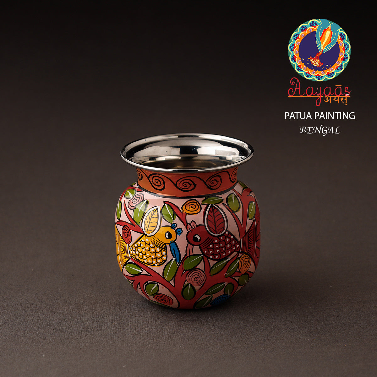 AAYAAS Bengal Patua Handpainted Stainless Steel Lota / Kalash / Container