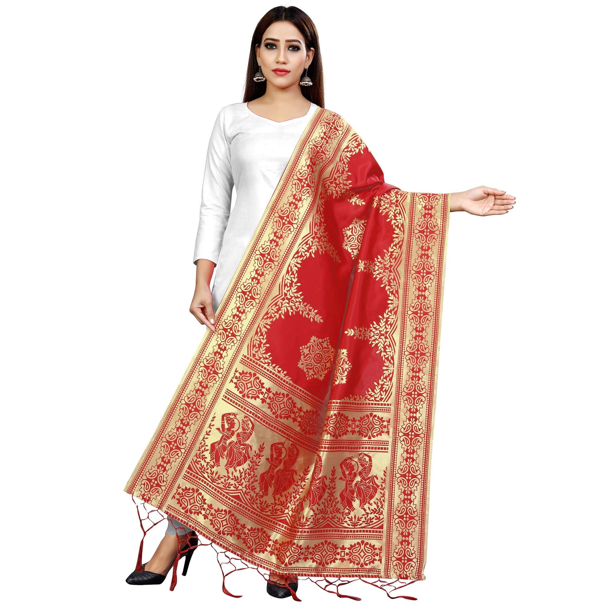 Peachmode Seller Breathtaking Red Colored Festive Wear Banarasi Silk Dupatta