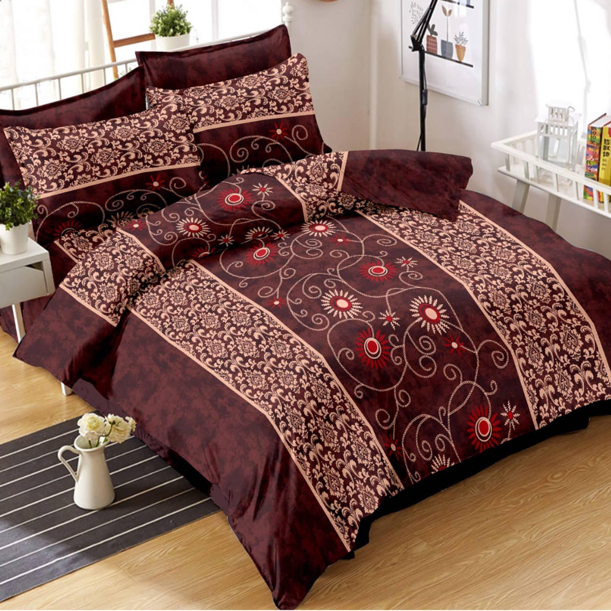 Peachmode Burgundy Floral Printed Pure Cotton Double Bedsheet With Pillow Cover