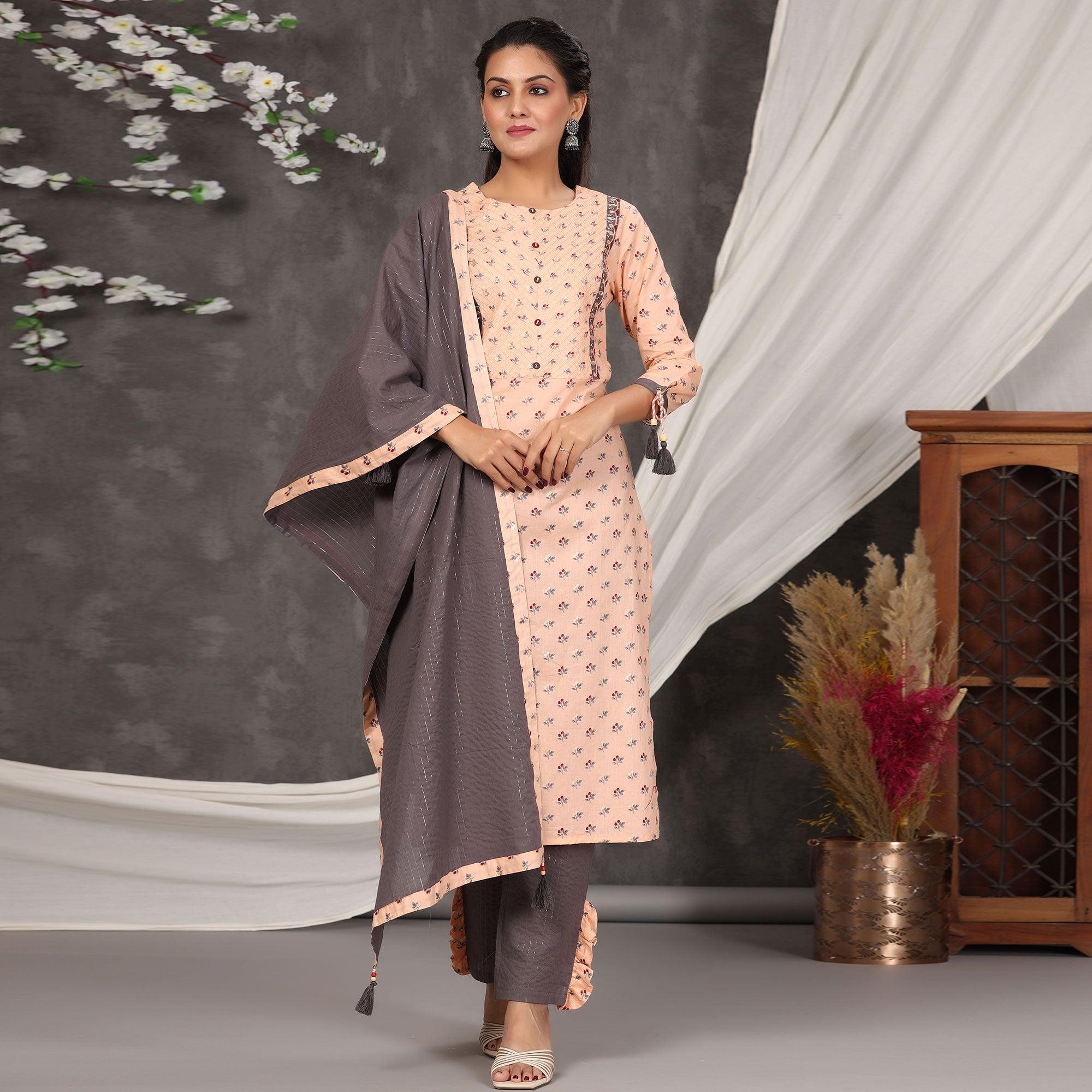Peachmode Light Peach Casual Wear Printed Cotton Kurti - Pant Set With Dupatta