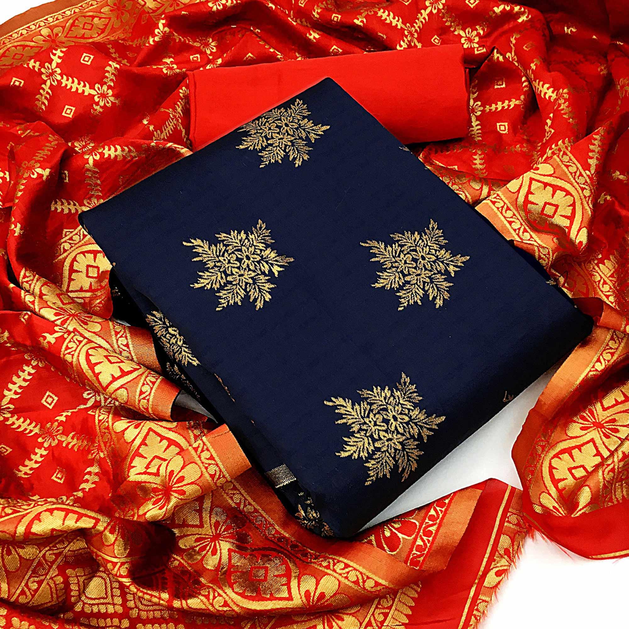 Peachmode Majesty Navy Blue Colored Casual Wear Woven Banarasi Silk Dress Material