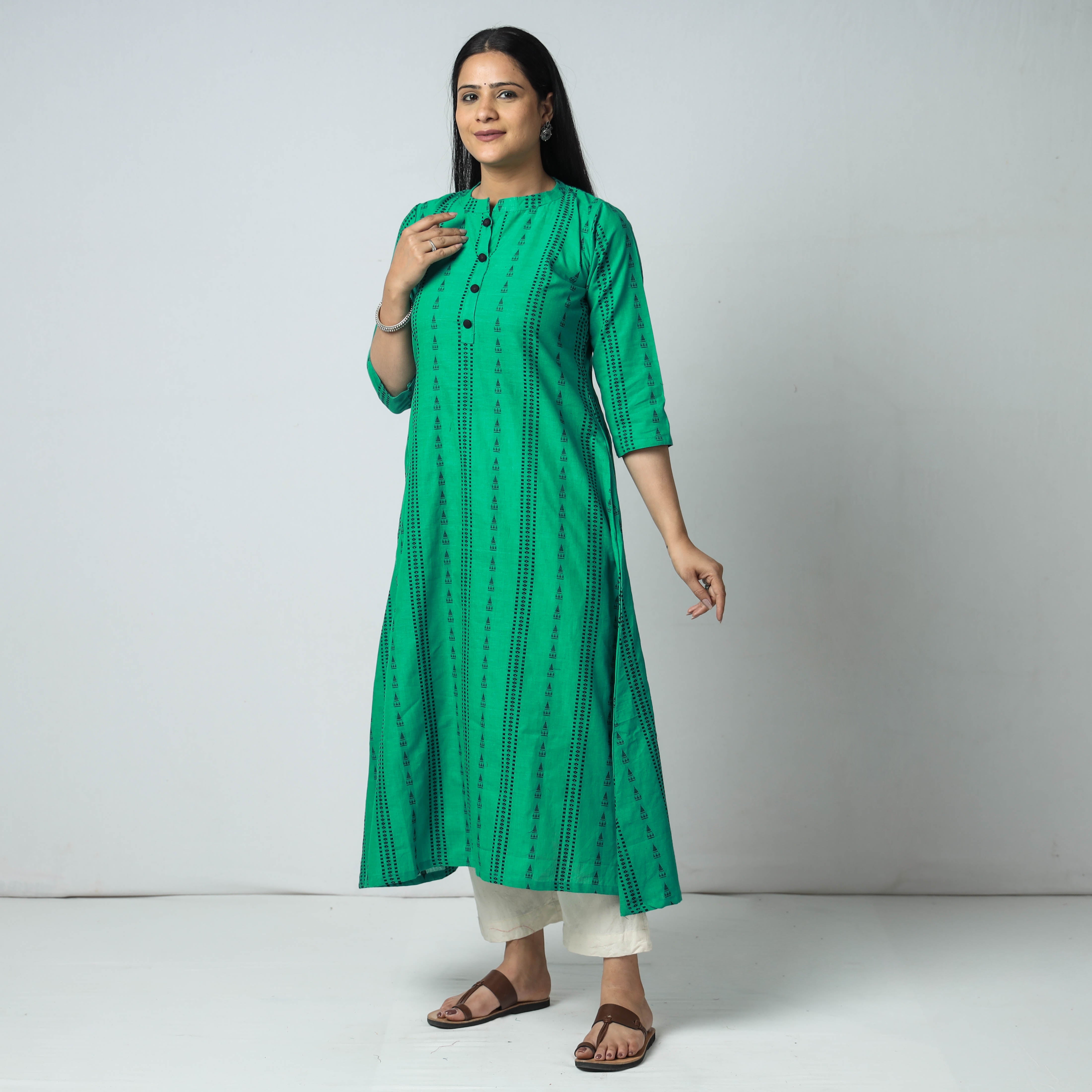 ITOKRI CASUALS Aqua Green - Jacquard Cotton A-Line Long Kurta - view 2