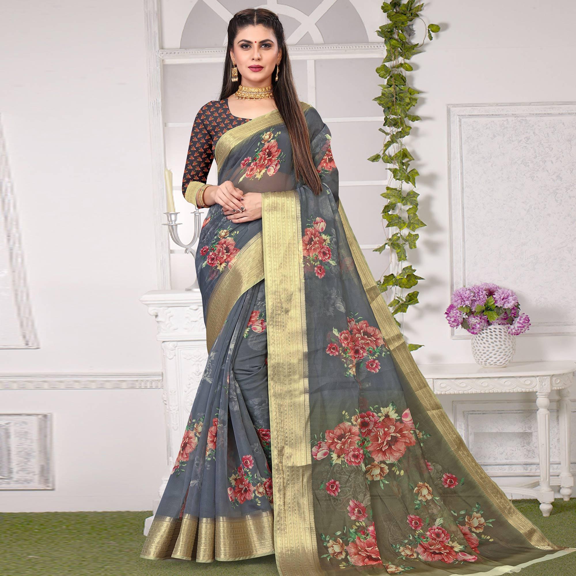 Grey sarees – BlackTree grey-party-wear-floral-digital-printed-with-jacquard-border-soft-georgette-saree-111682