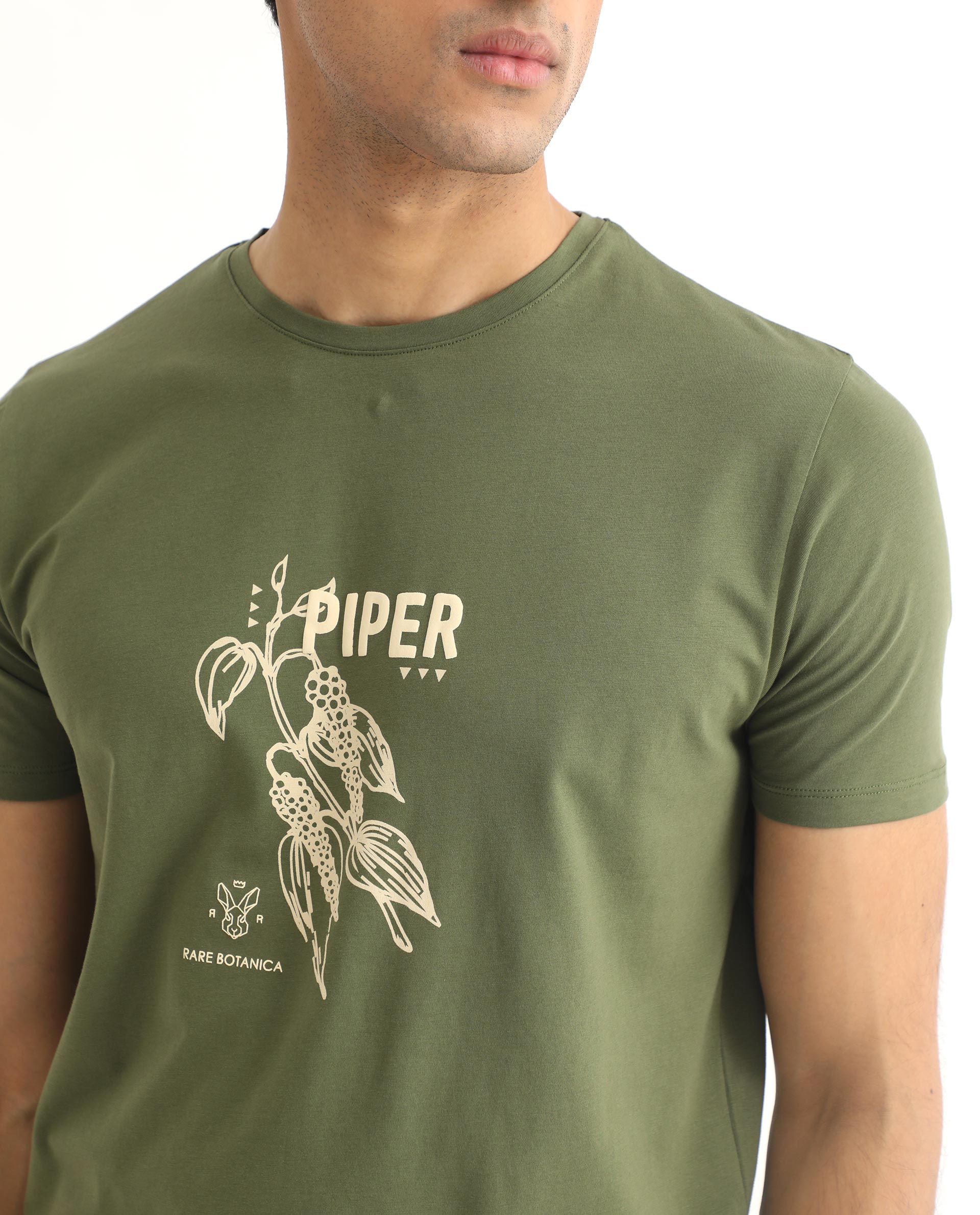 Rare Rabbit Men's Quet Olive Crew Neck With Botanical Chest Graphic Half Sleeves Slim Fit T-Shirt - view 7