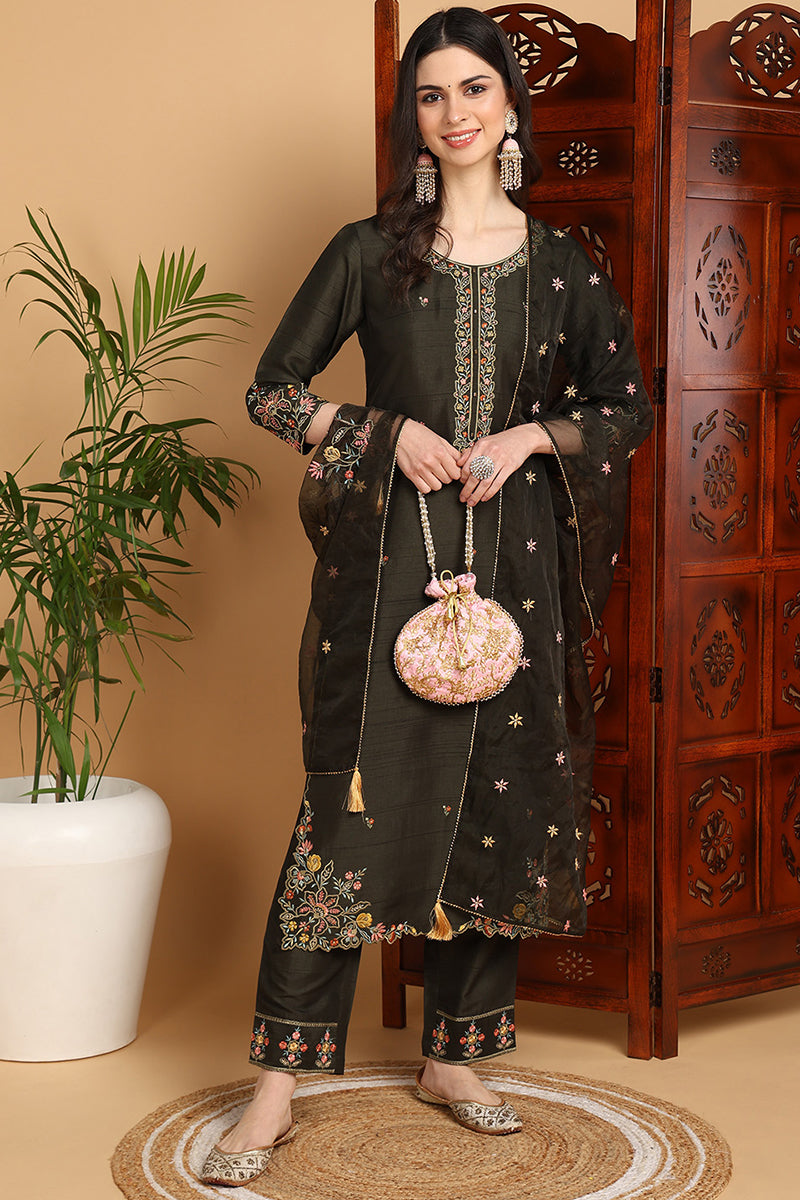 Ahika Olive Green Silk Blend Floral Embroidered Straight Suit Set PKSKD2239
