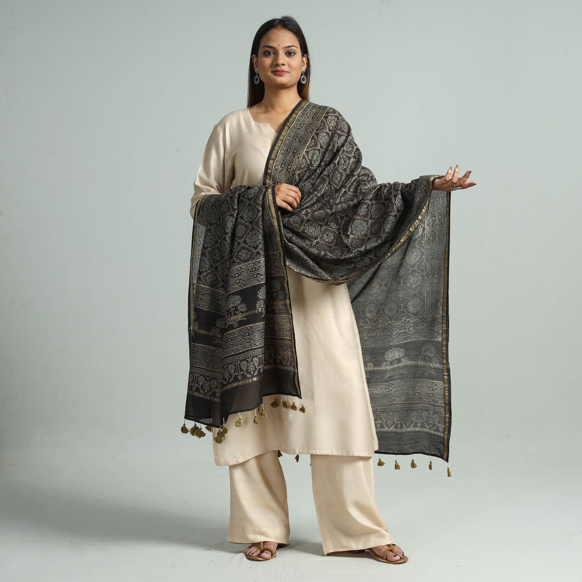 KACHCHH JI CHHAAP Brown - Hand Block Print Chanderi Silk Ajrakh Dupatta 62 - view 2