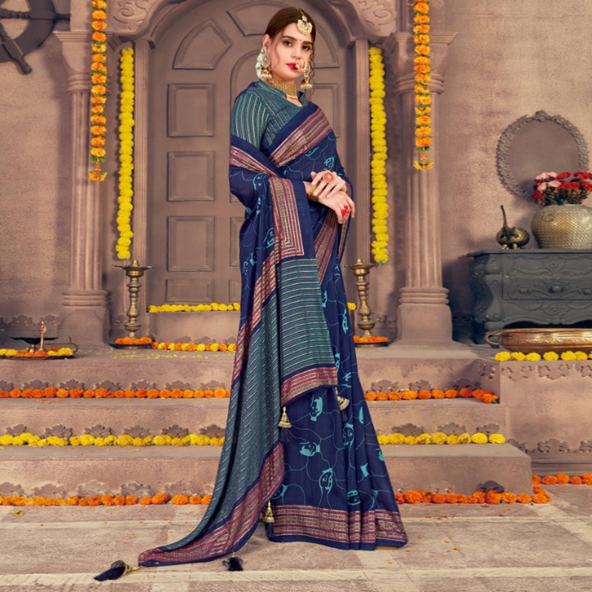 Peachmode Marvellous Navy Blue Colored Festive Wear Printed Georgette Saree With Tassels