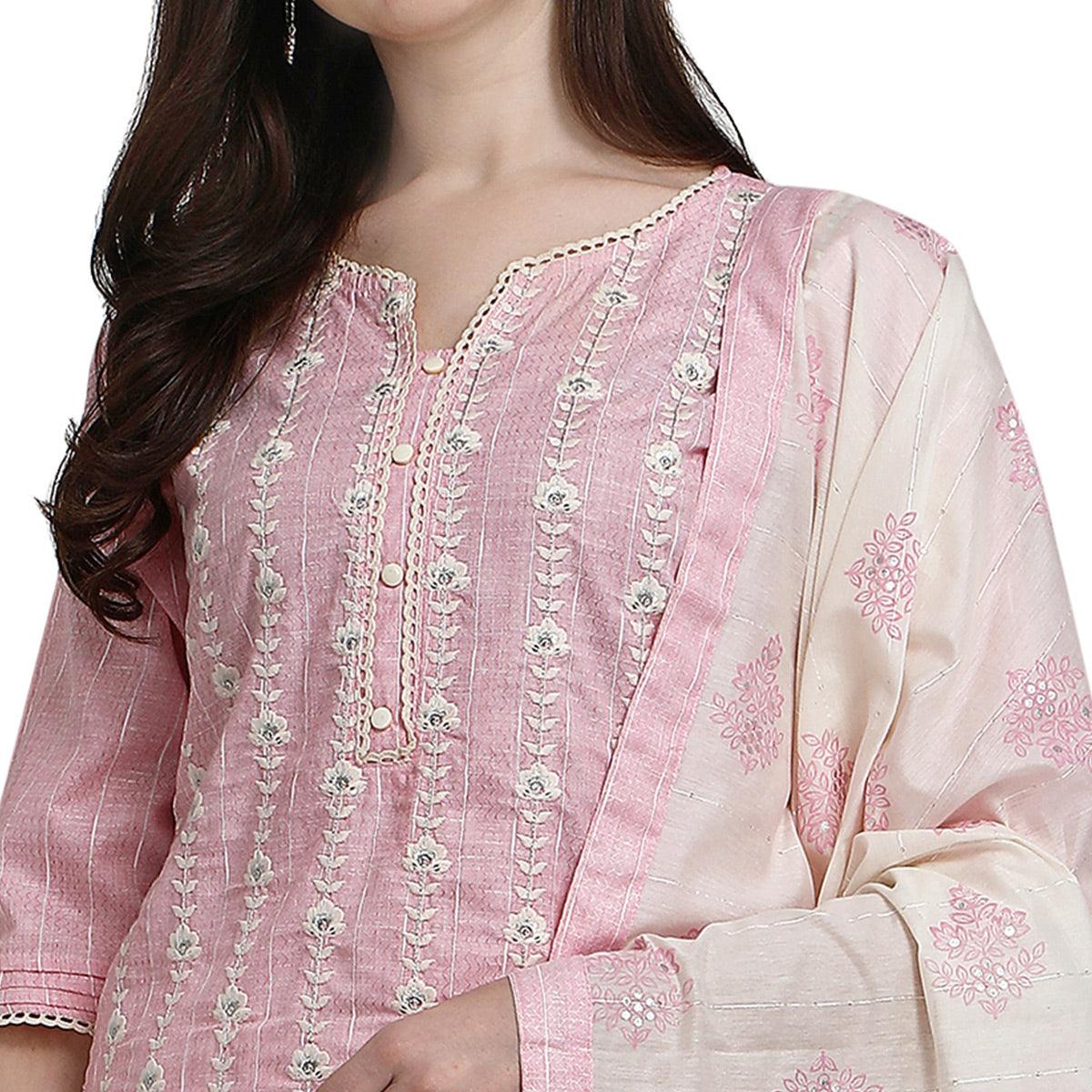 Peachmode Light Pink Floral Embroidered Cotton Blend Kurti Pant Set - view 6