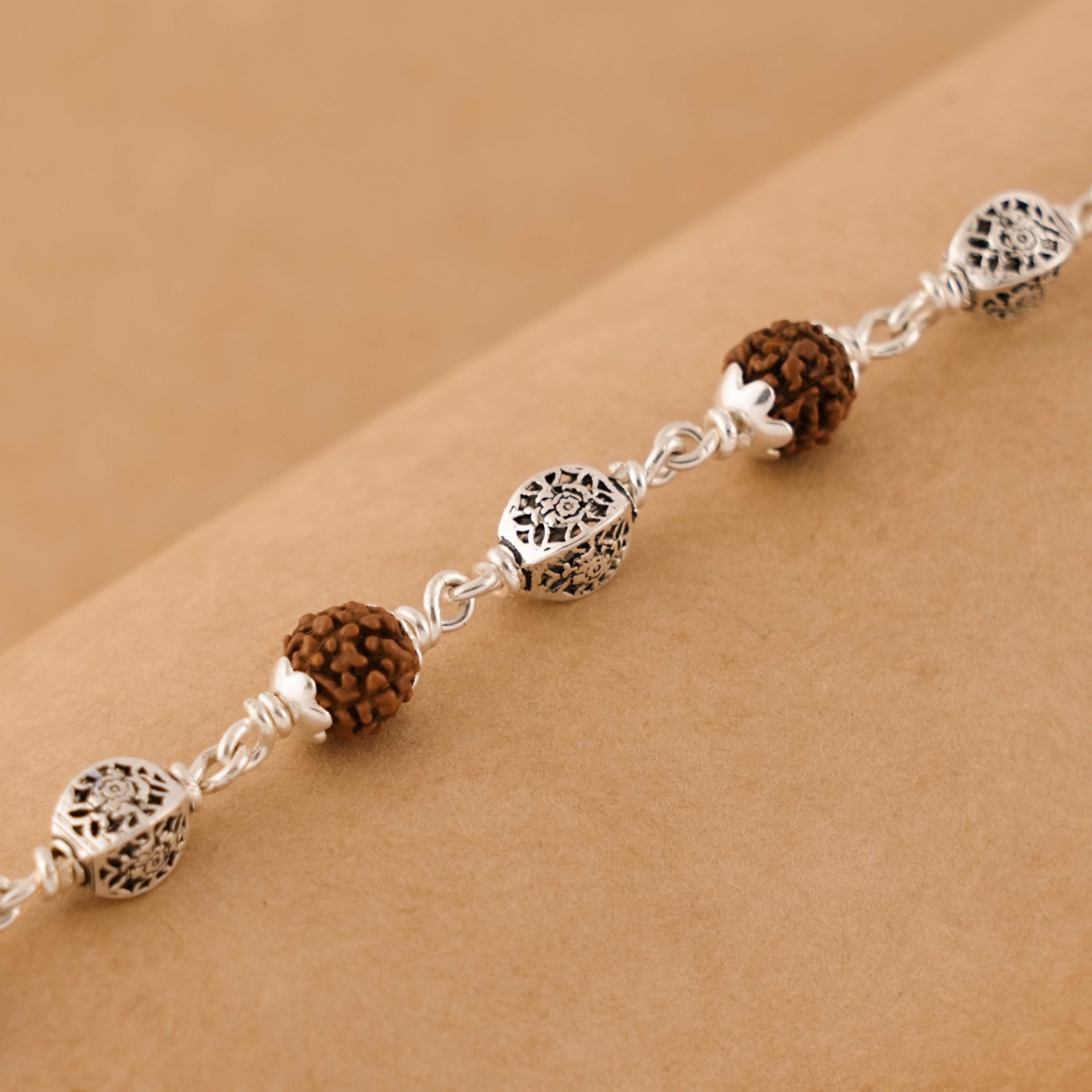 Prinjal Jewellers Rudraksha and Hollow Circular Silver Beads Bracelet
