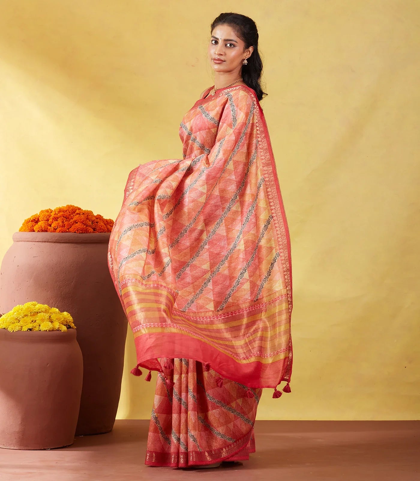RmKV Dark Peach Handloom Tussar Silk Saree Printed With Geometric & Floral Motifs - view 3