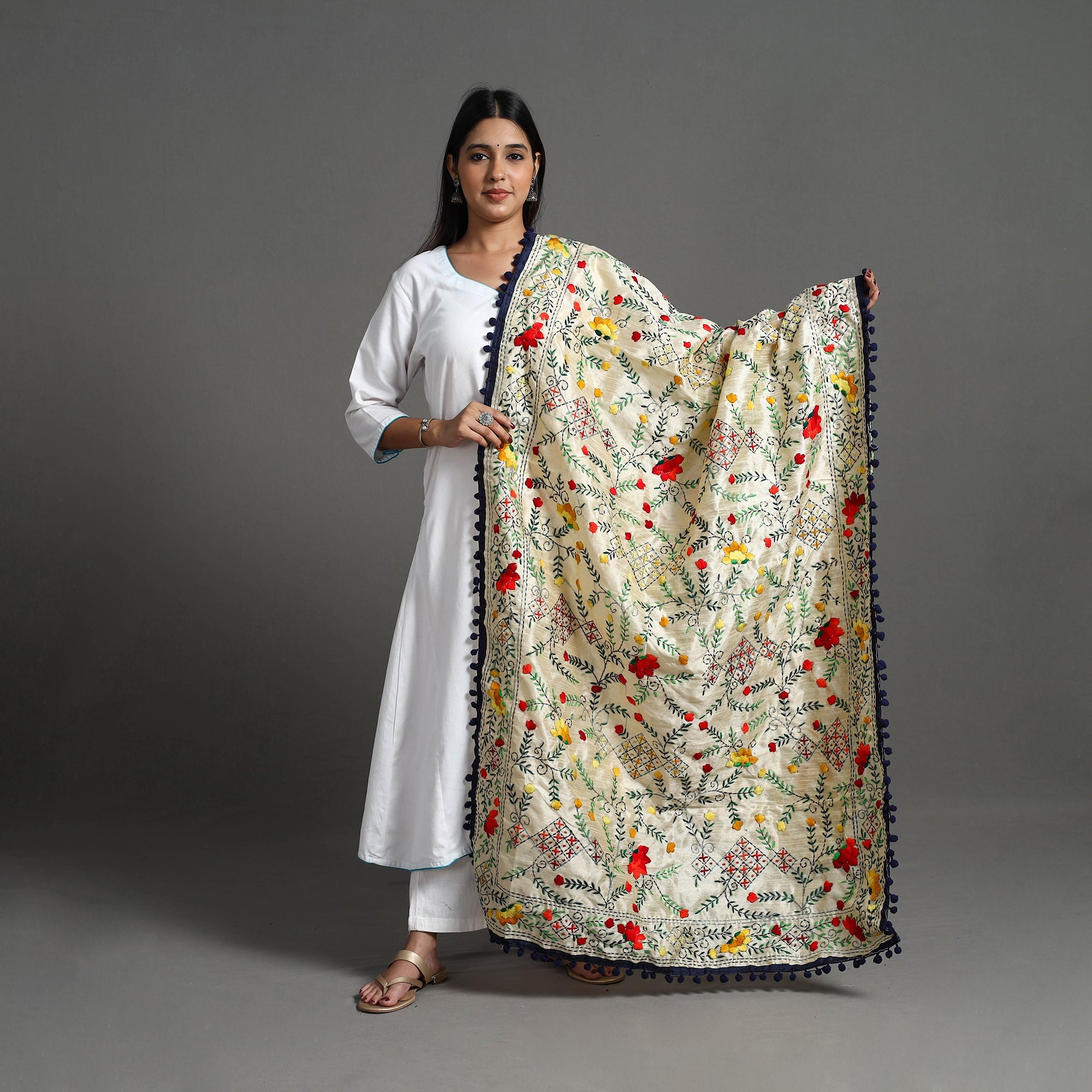 ITOKRI CRAFTS INITIATIVE Beige - Hand Embroidery Chanderi Silk Phulkari Dupatta 14