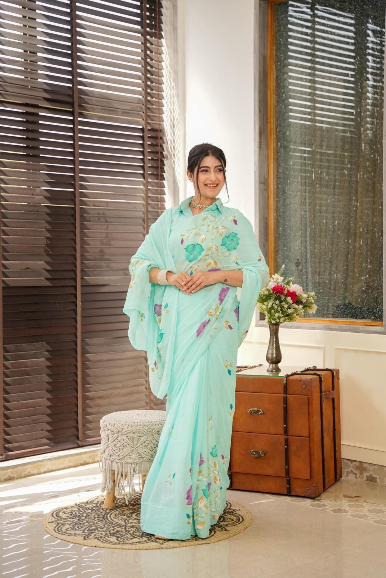 Idaho-o Lilith blue handpainted saree – Women's