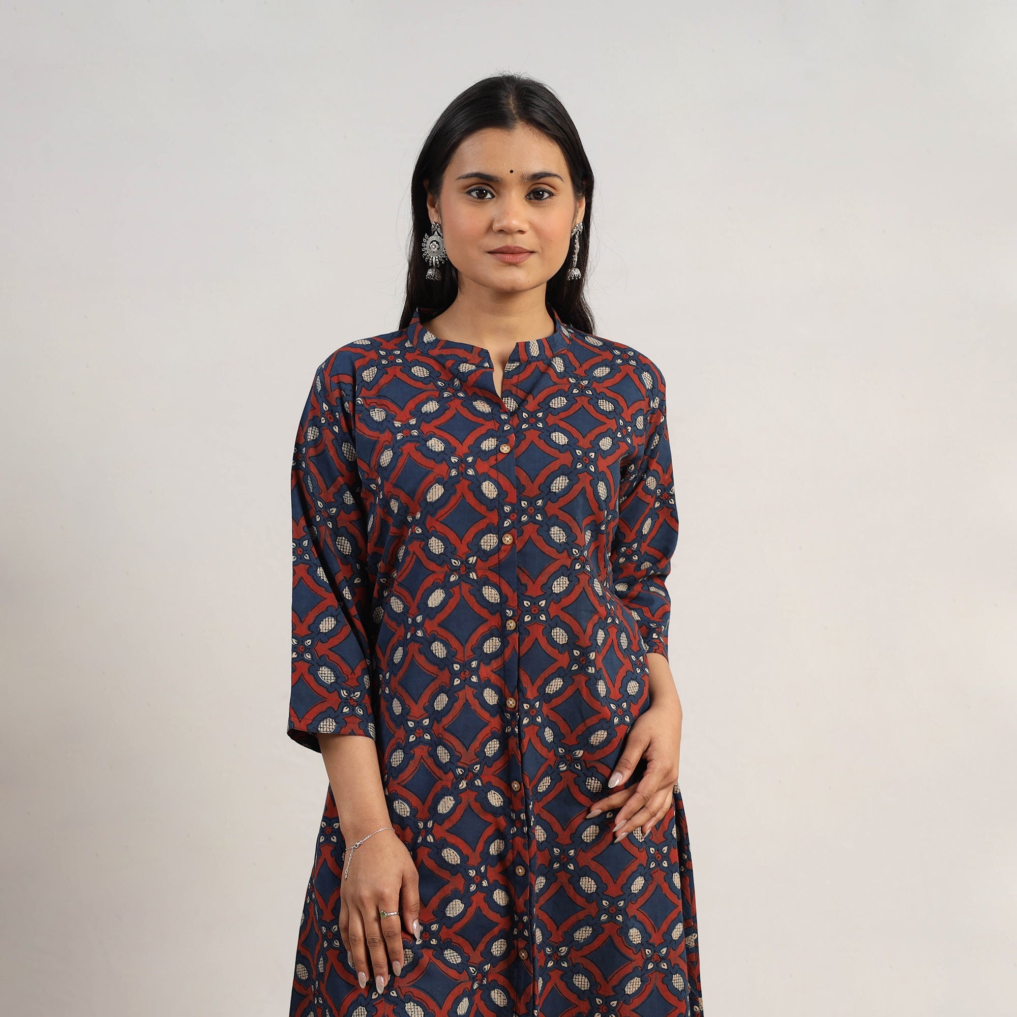 ITOKRI CASUALS Blue - Hand Block Print Cotton A-Line Ajrakh Kurta 05