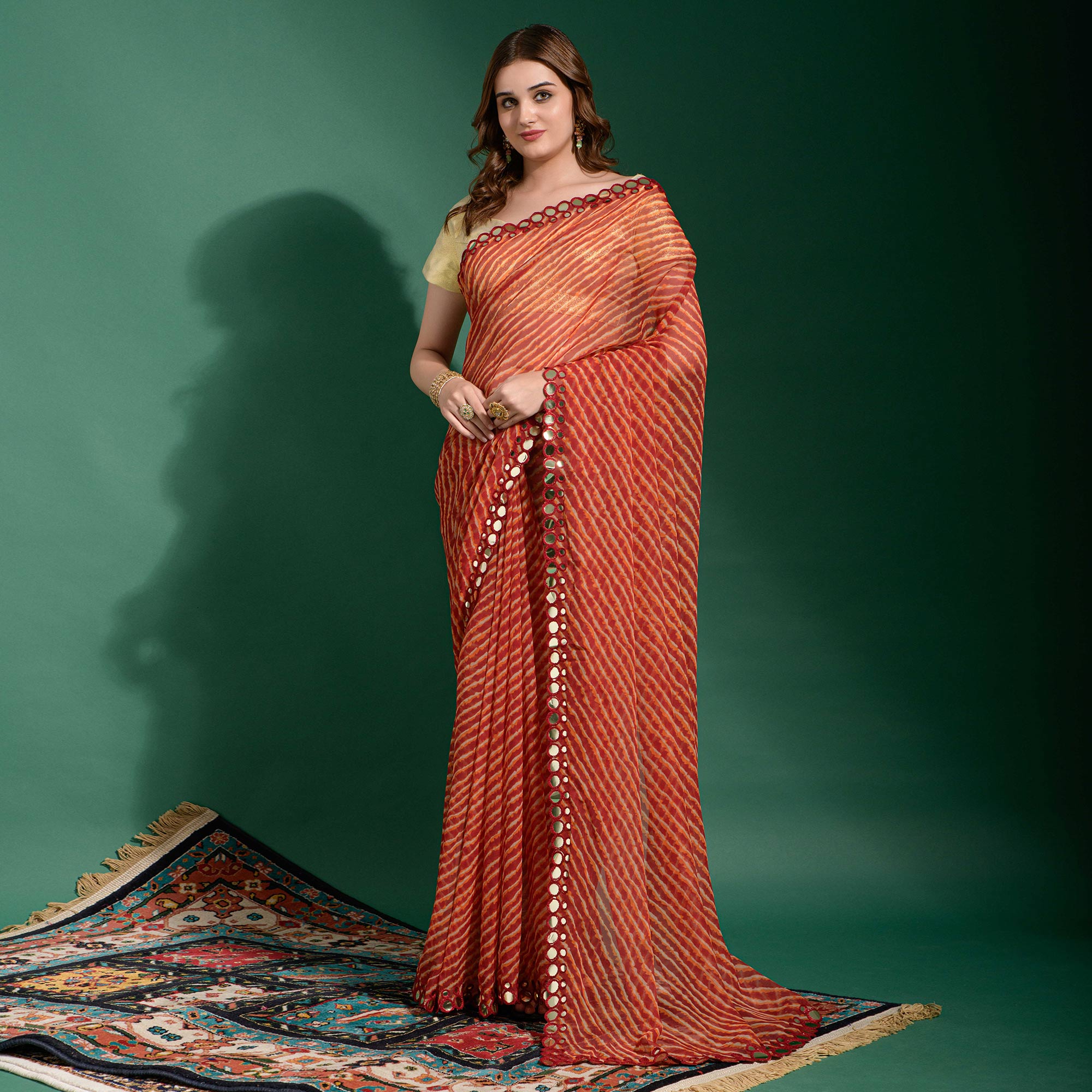 Peachmode Maroon Leheriya Printed With Embroidered Border Chiffon Saree - view 2
