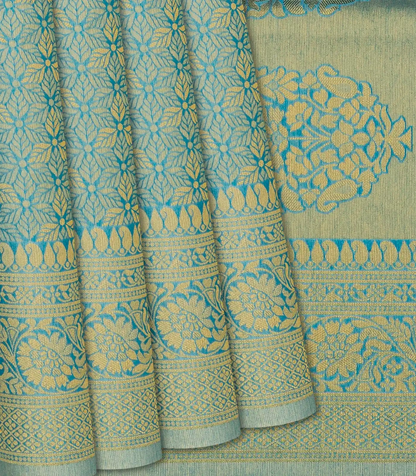 RmKV Blue Woven Art Dupion Saree With Floral Motifs-Blue