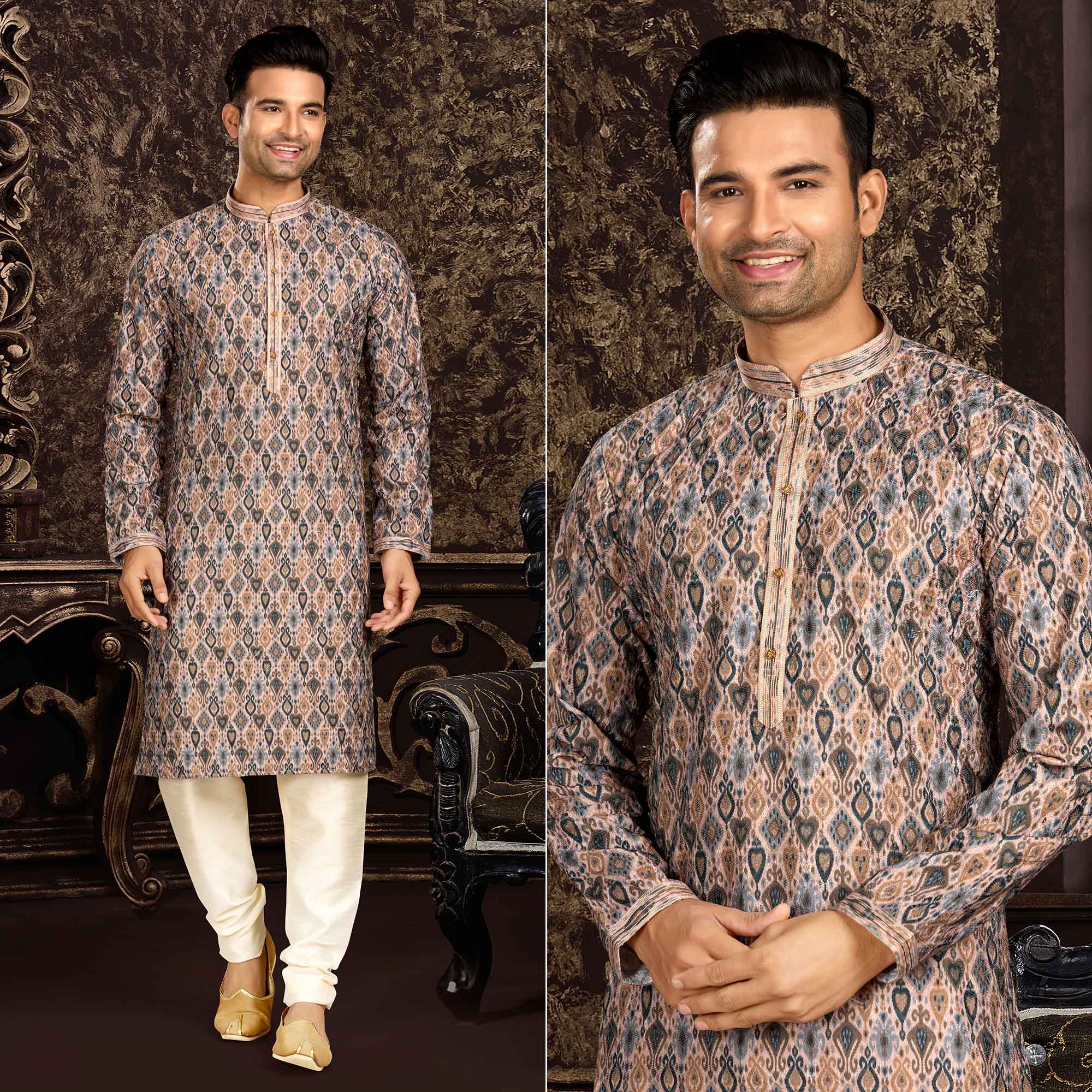 Grey sleepwear – BlackTree grey-lucknowi-and-digital-printed-cotton-kurta-pyjama-set